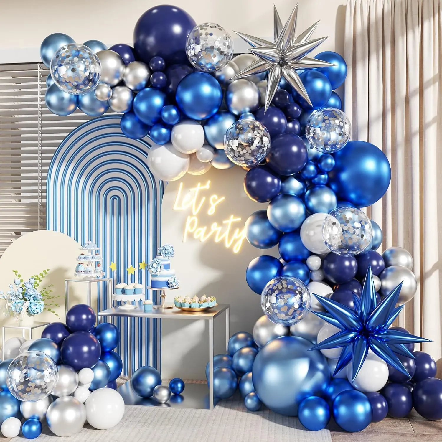 140Pcs Latex Balloon Garland Arch Kit - Blue, White, Silver, Navy, Light Metallic Blue & Confetti Balloons with Stars, DIY Arch for Happy Birthday, Wedding & Graduation Party Decorations (Varied Sizes)
