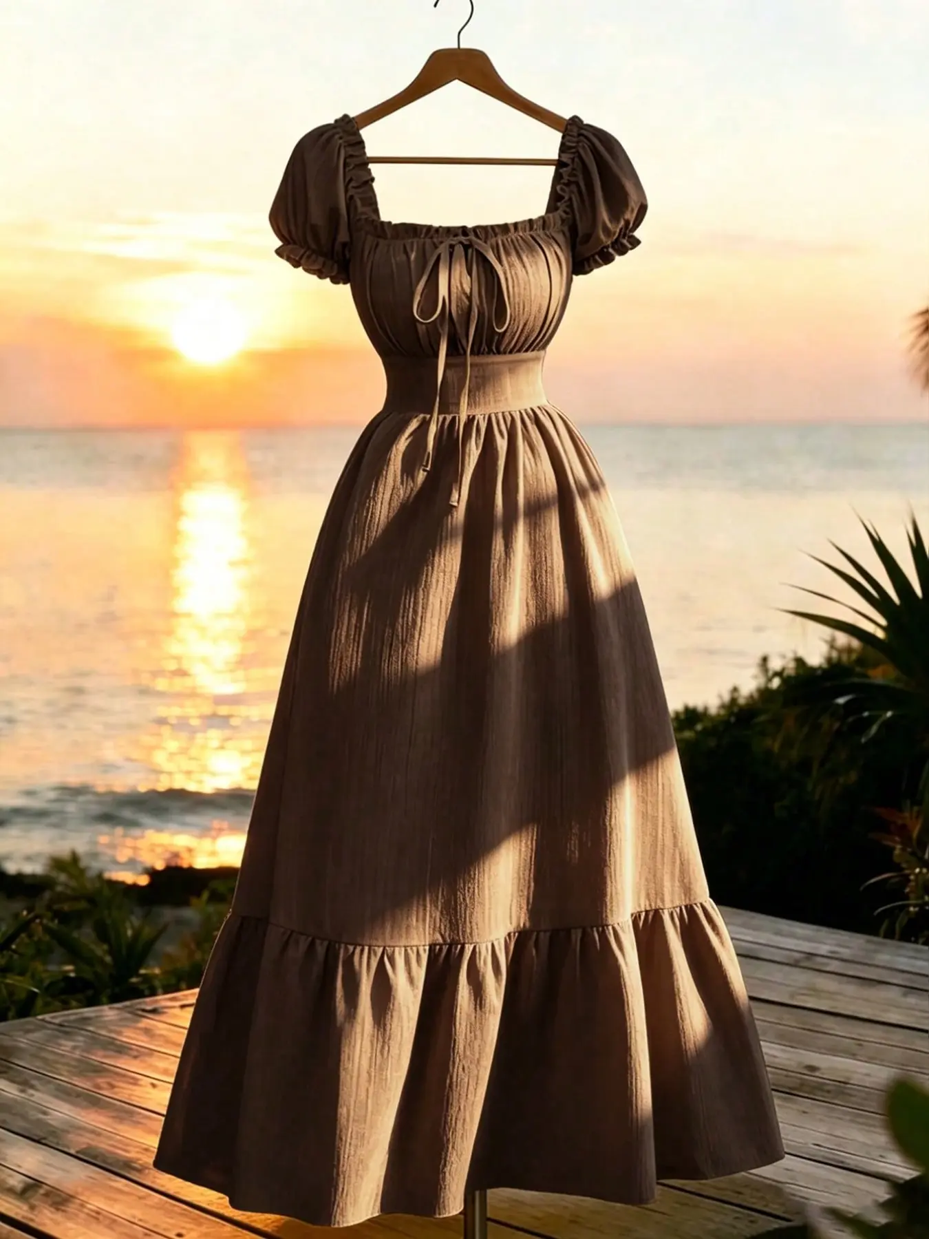 New Women's Textured Bubble Short Sleeve Dress, Chest Tie Back Gathered Waist, Tall Slimming Elegant Resort Casual Date Long Dress