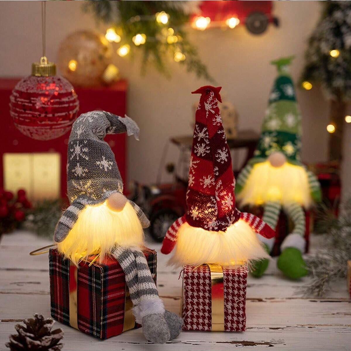 Christmas Plush Long Leg Gnome Faceless Doll with Light, Knitted Dwarf Elf Figurines with Hat, Perfect for Christmas Tree, Bedroom, Fireplace, and Window Display, Home Decor Ornament, LED Mood Light