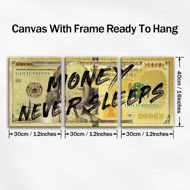 Money Never Sleeps Theme Wooden Framed Canvas Painting, 3 Counts Modern Art Fashion Decoration, Modern Art Design, Wall Art for Home Living Room Bedroom Office, Poster Money Never Sleeps Theme Wooden Framed Canvas Painting, 3 Counts Modern Art Fashion Decoration, Modern Art Design, Wall Art for Home Living Room Bedroom Office, Poster