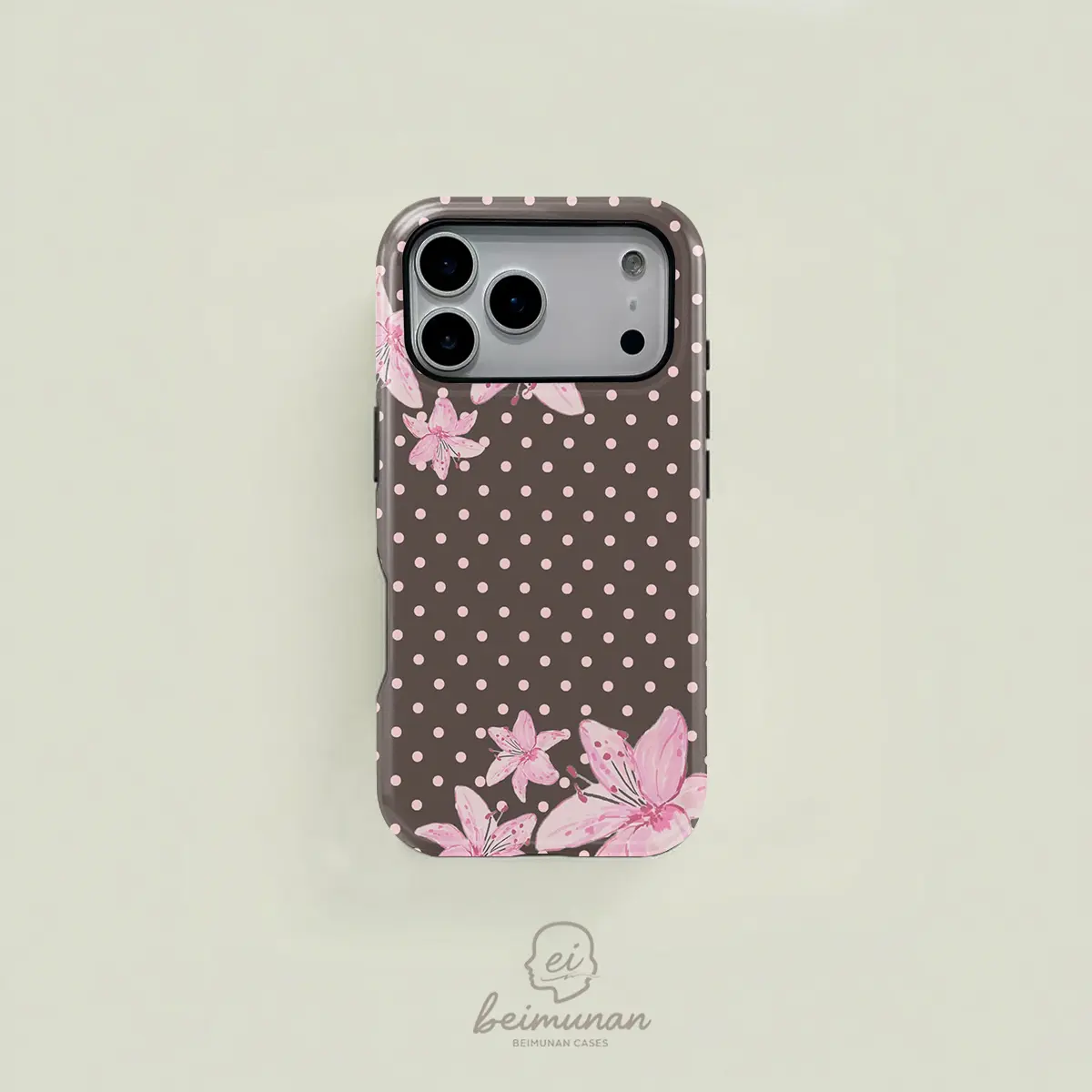 Dark brown polka dot watercolor style phone case with cute pink lily hand-painted pattern. Durable 2-in-1 protective case, MagSafe compatible, suitable for iPhone 17/16/15/14/13/12/11 Pro Max/Plus/Pro. Simple and stylish phone case.