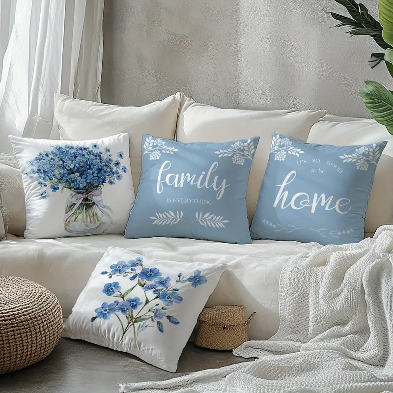 4pcs Set, Single-Sided Printed Pillowcases, Light Blue Floral Illustration Pillowcases, Home Decor Pillowcases Suitable for Living Room Sofa and Bedroom, Pillow Inserts Not Included