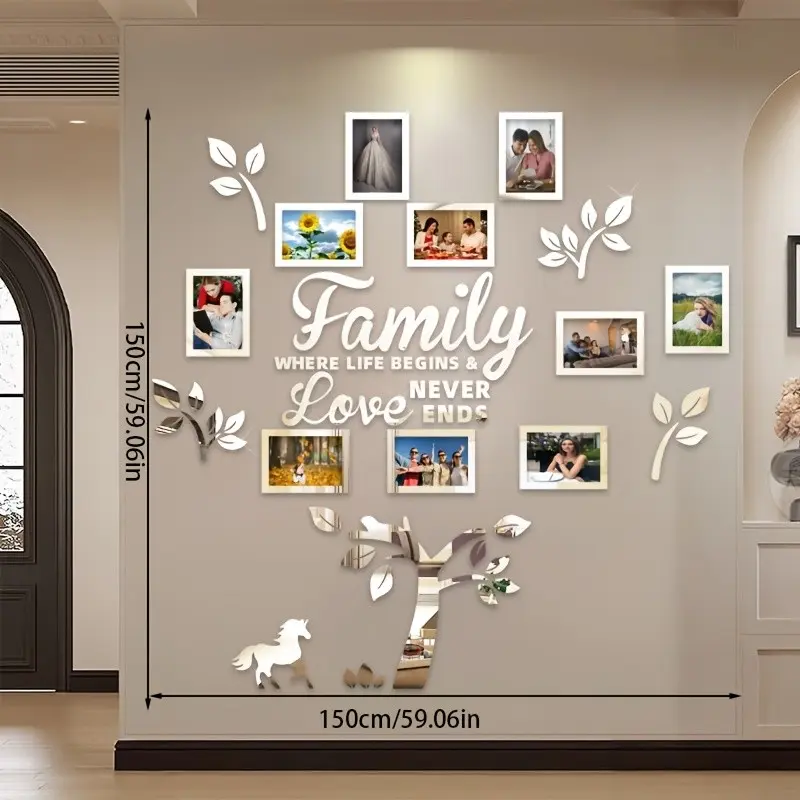 Self-Adhesive Puzzle Frame Tree with Acrylic Mirrors, 10-Piece Photo Display, Brightens & Enlarges Room, Blank Wall Savior
