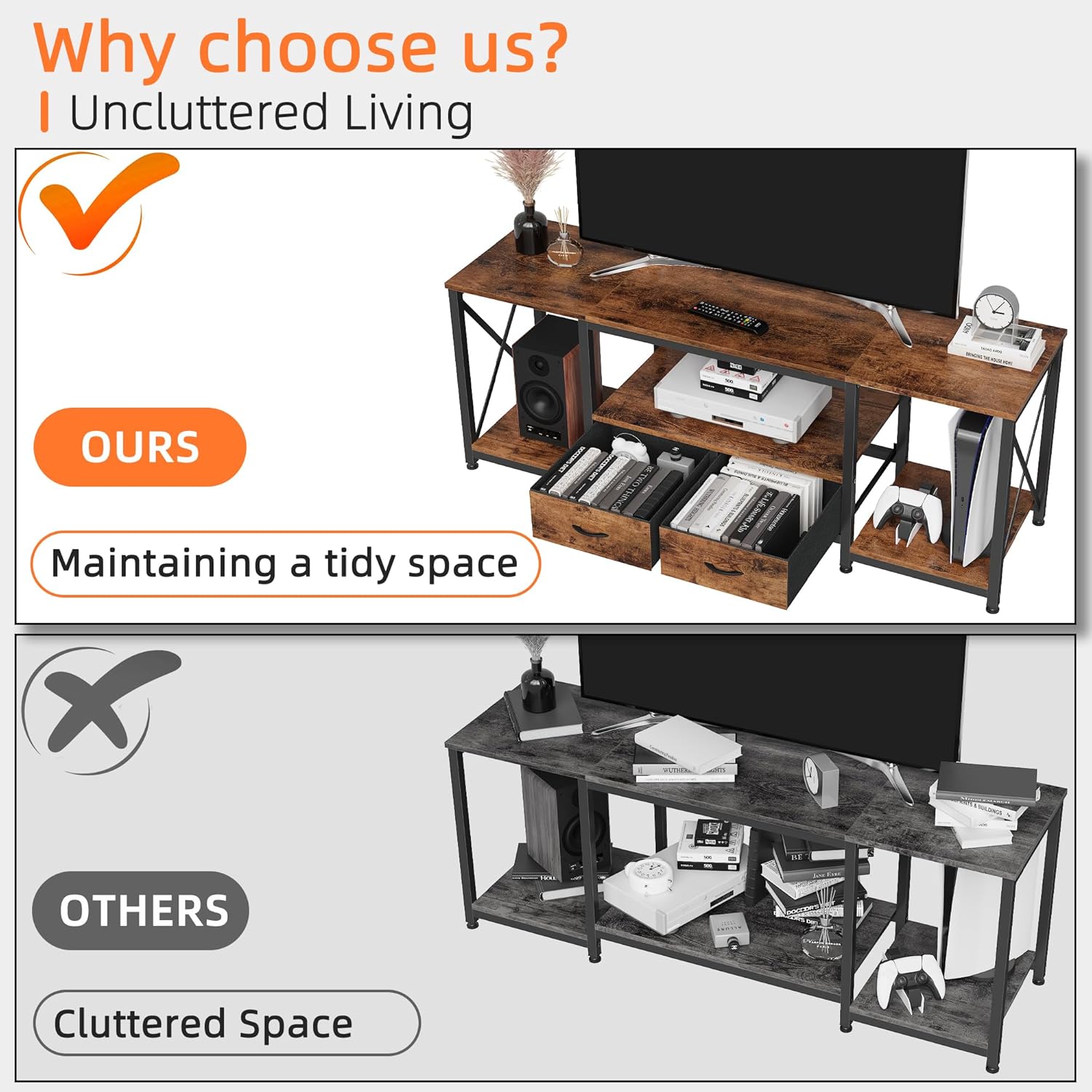 TV Stand with Fabric Drawer - Entertainment Center and Industrial TV Console Table with Open Storage Shelves for Living Room, Bedroom - 55.1" Rustic Brown