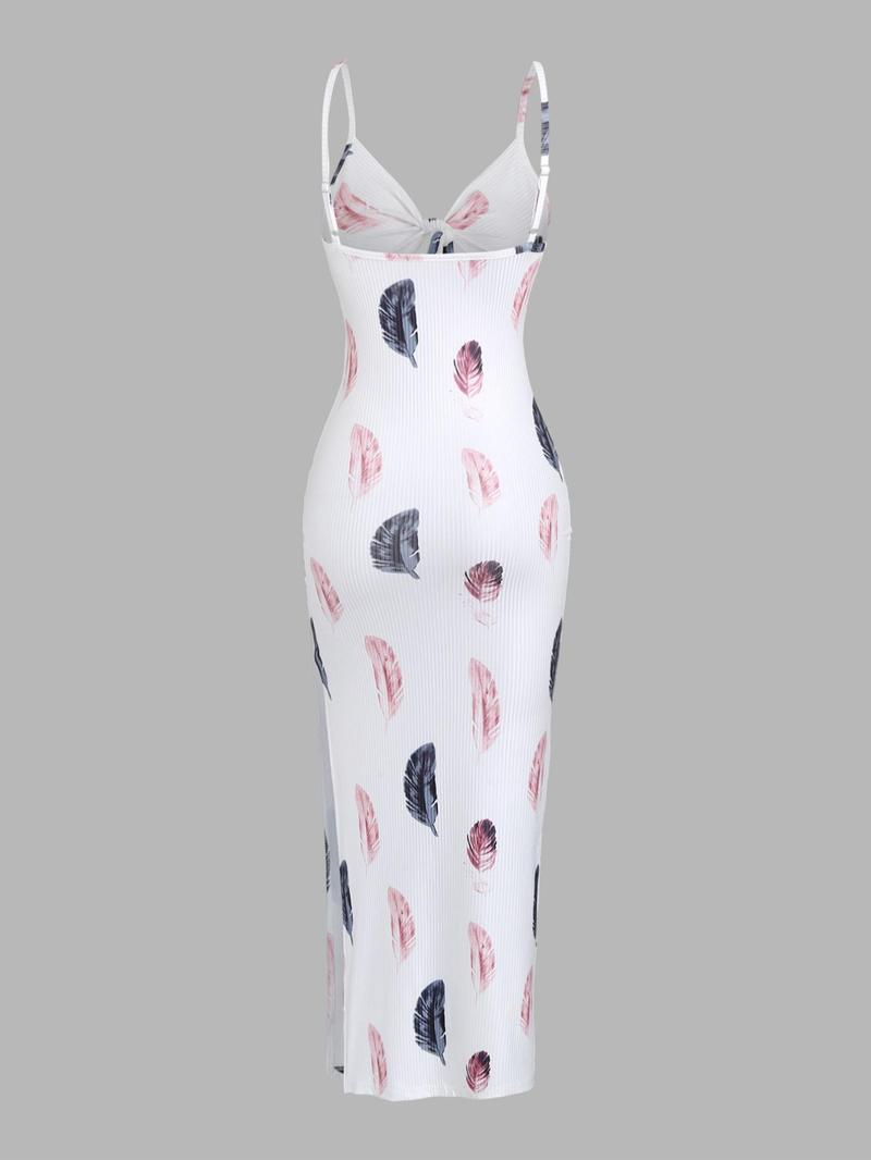 Women's Floral & Feather Print Cut Out Backless Cami Dress Adjustable Strap Split Thigh Long Dress for Summer, Ladies Clothes for Beach Holiday Boho Sleeveless Dress