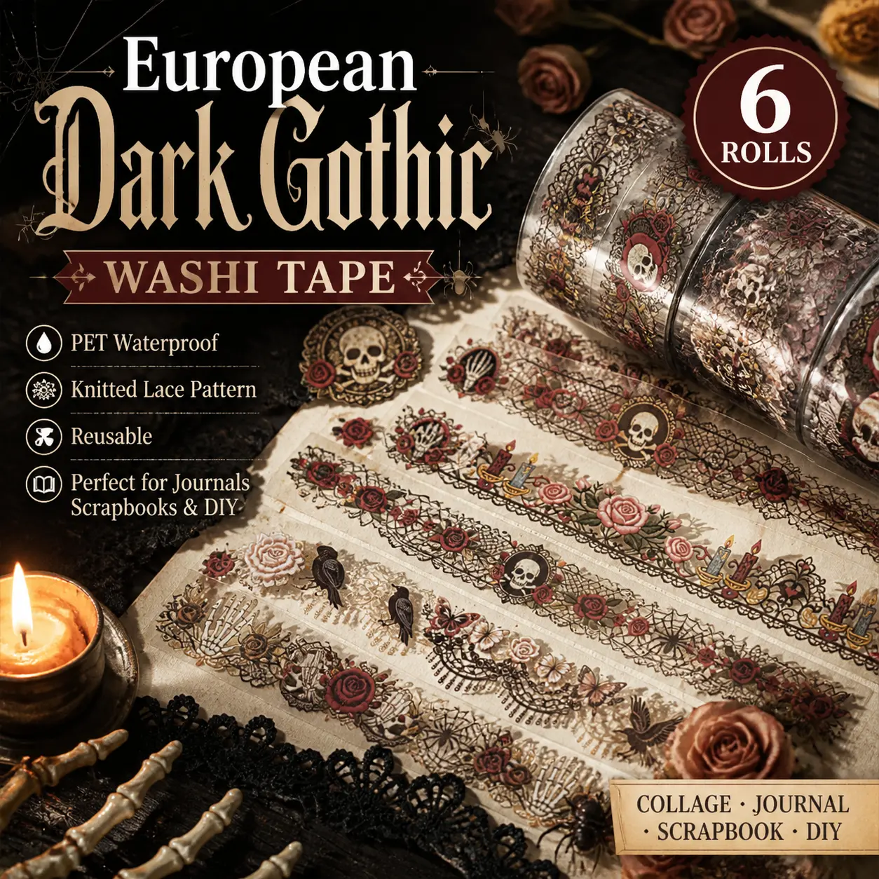 6 Rolls European Dark Gothic PET Waterproof Washi Tape, Knit Lace & Cartoon Patterns, Reusable Collage Tape for Journal Scrapbook Crafting Supplies (Office Stationery)