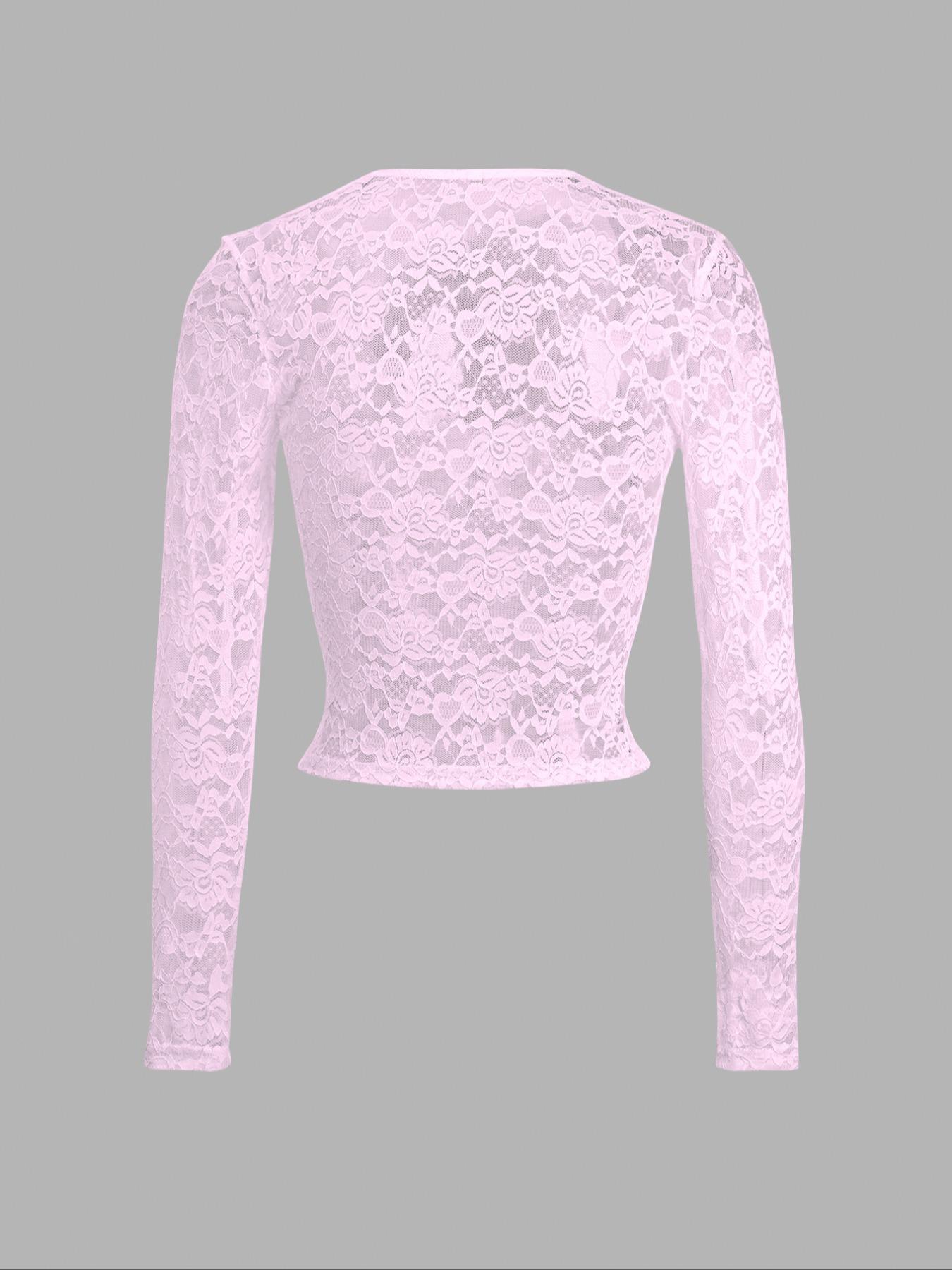 Women's Lace Crop Top, Casual Longsleeves Cropped Top for Spring & Fall, Women's Clothing for Daily Wear, Plunge Neck Top, Clothes for Women, Womenswear Shirts