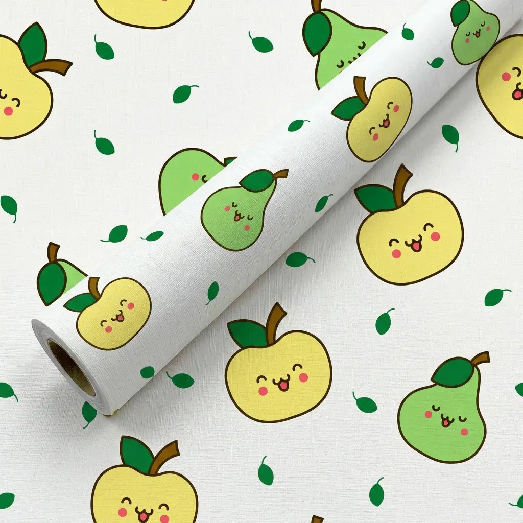 1 Roll 44.5cm/17.5in Width Cute Cartoon Apple Pear Fruit Peel and Stick Wallpaper, Removable Waterproof Kawaii Wall Mural for Kids Bedroom Nursery Playroom Cabinet Rental Home Decor