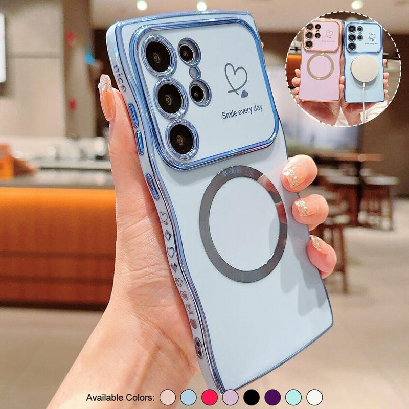 OREKROY【Freeship】Case for Samsung S25 Ultra Plus S24 S23 S22 ,Soft Wave Frame Curly Shape Magnetic Cute Love Heart Plating Phone Case with Raised Camera Lens Protection,Compatible with MagSafe Wireless Charging, Shockproof Back Cover for Women Girls