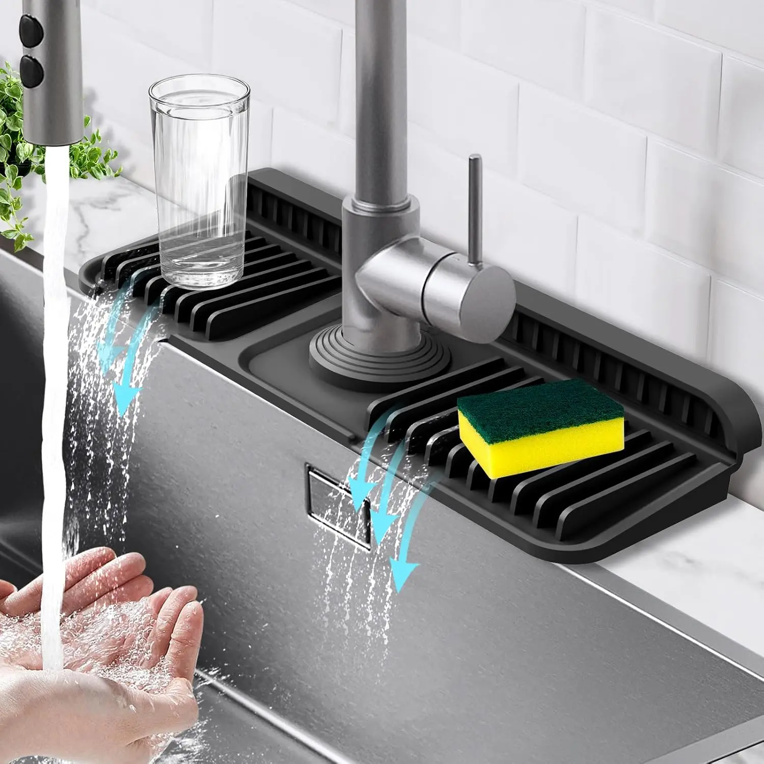 14.6-Inch Kitchen Sink Splash Guard Mat | 7° Slope for  Self-Draining | Snap-Lock Design |  & Cuttable  Faucet Mat BLACK