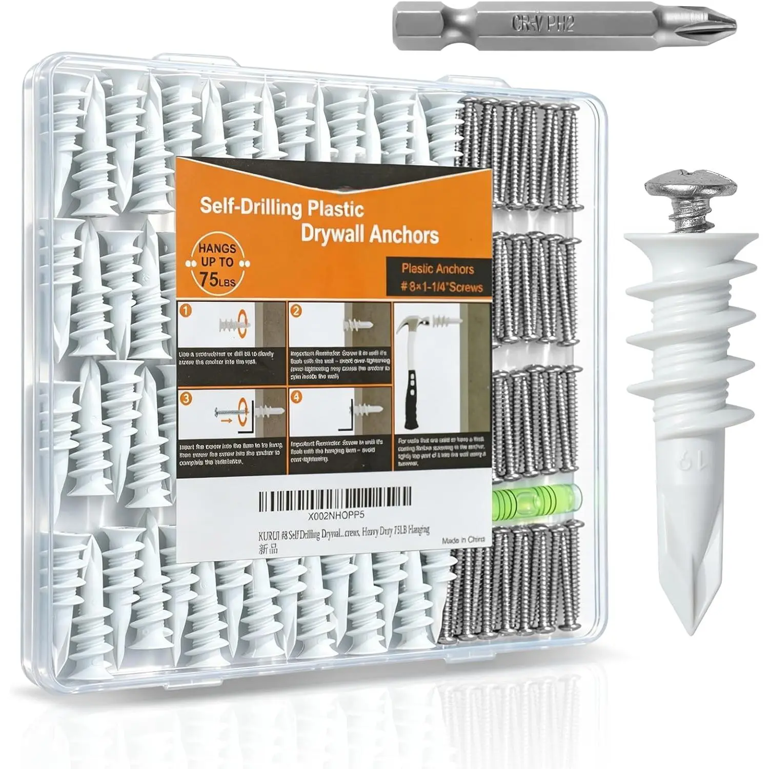 140-piece set#8 self-drilling drywall anchors with screw kit, heavy-duty drywall anchors for hanging drywall, 50 self-tapping plastic drywall hangers, 50 drywall screws, installation accessories - 75 lbs