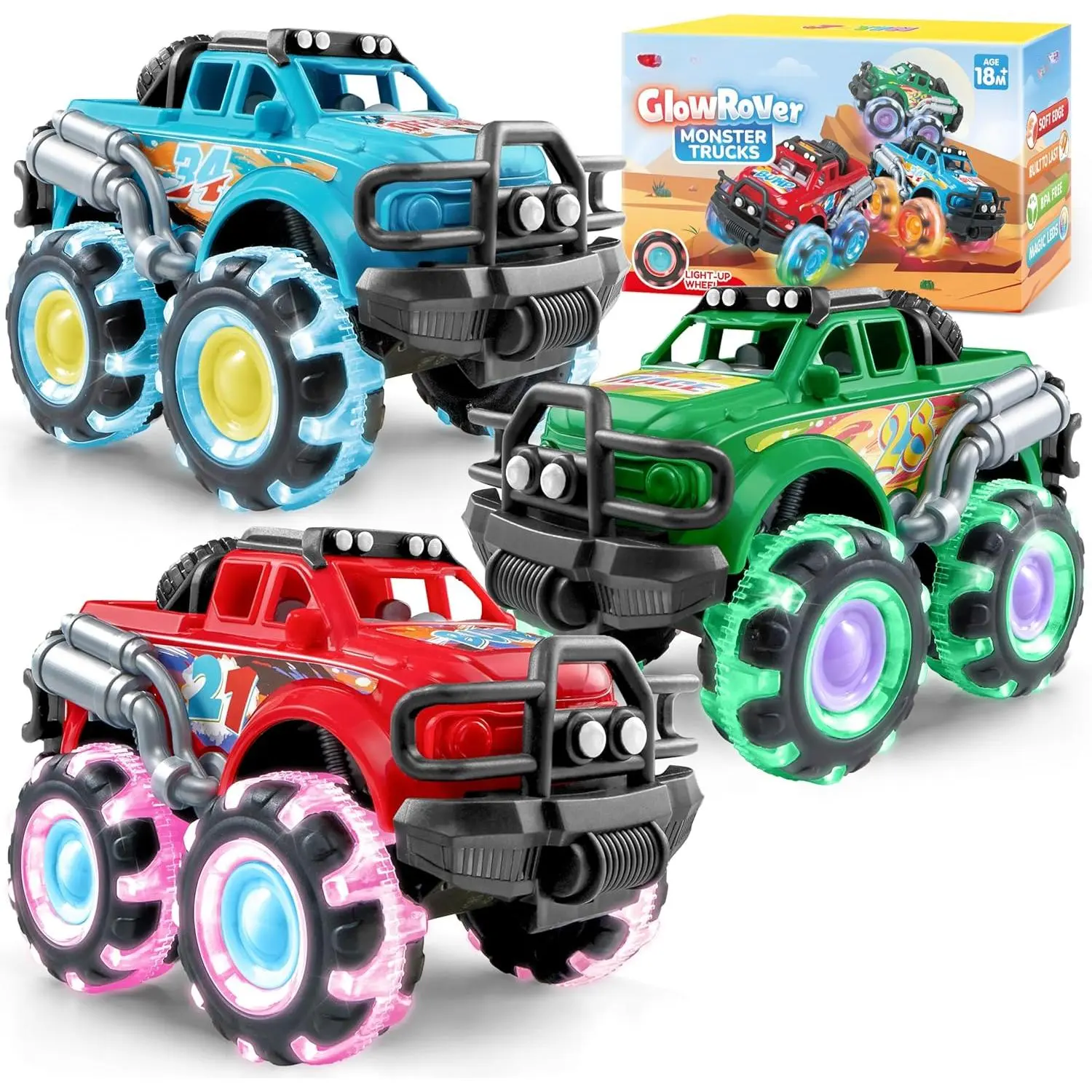 3 Pack Monster Truck Toy - Toy Truck with Flashing LED Wheels - Light-Up Friction-Powered Cars  Toddlers - Boys Girls Birthday Gift
