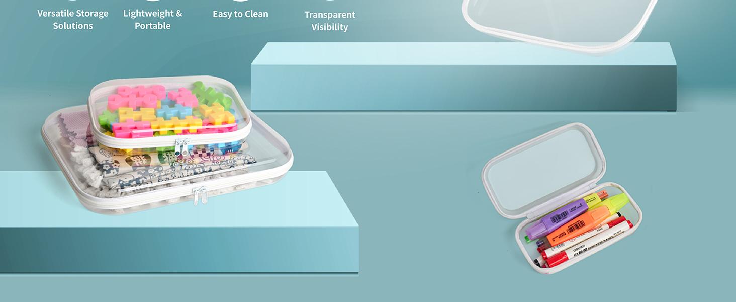 3 Pack Clear Hard Shell Zipper Case - Clear Waterproof Cosmetic Bag with Zipper, Kid's Toy Storage Organizer Bins, Charging Cables, creative journaling, painting brushes, Threads,Sketch Supplies