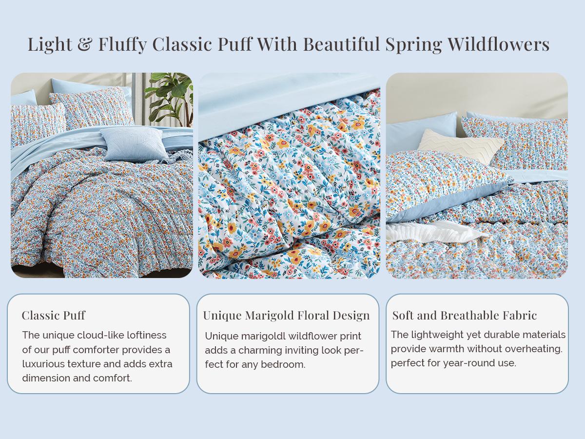 7-Pieces Ruffled comforter set, Shabby Chic Farmhouse Bedding, Machine Washable Cozy Bedding Haul for All Seasons Floral Print Patchwork