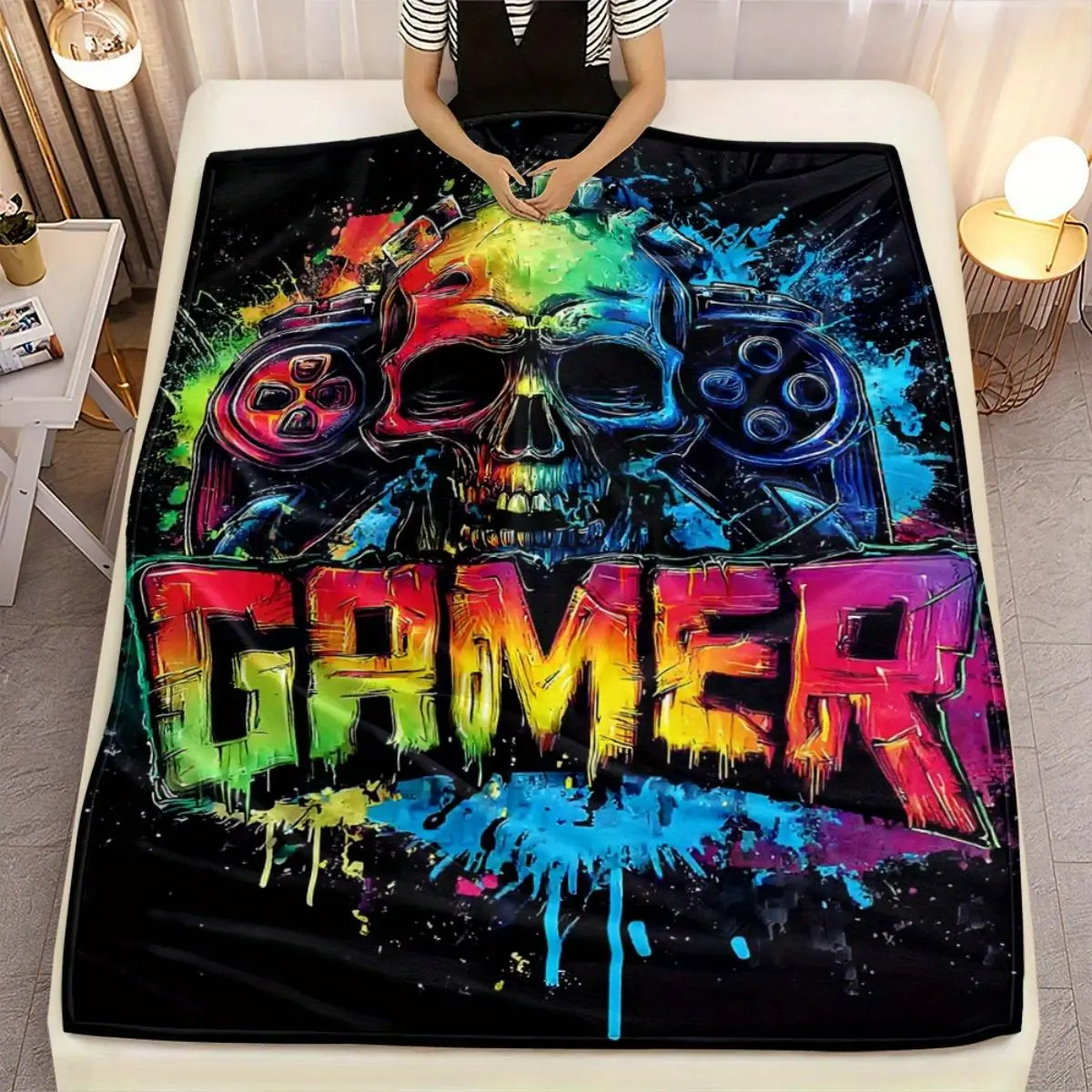 Soft Flannel Video Game Throw Blanket - Rainbow Skull, Game Controller Print, Wrinkle-Resistant, Warm Bedding with Gaming Vibes for Teenage Boy Gifts, Watch Parties