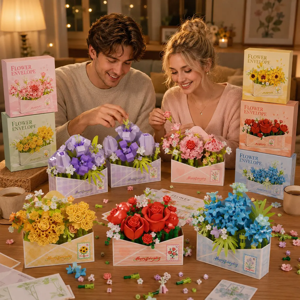 1 Set Flower Bouquet Building Blocks, 6 Pastel Envelope Planter Styles with Tulip Carnation Rose Details, DIY Construction Toy for Bedroom Shelf Room Decor, Flower Decorations, Christmas Birthday Gift, Mini Bricks Floral Display Kit