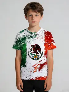 Boys' Sports T-Shirt, Mexico Splatter Flag National Emblem, Eagle Snake Badge Brush Color Crew Neck Short Sleeve, Soft Sweat-Wicking No Deformation, for PE Training Soccer Outdoor Party, Machine Washable Kids Gift