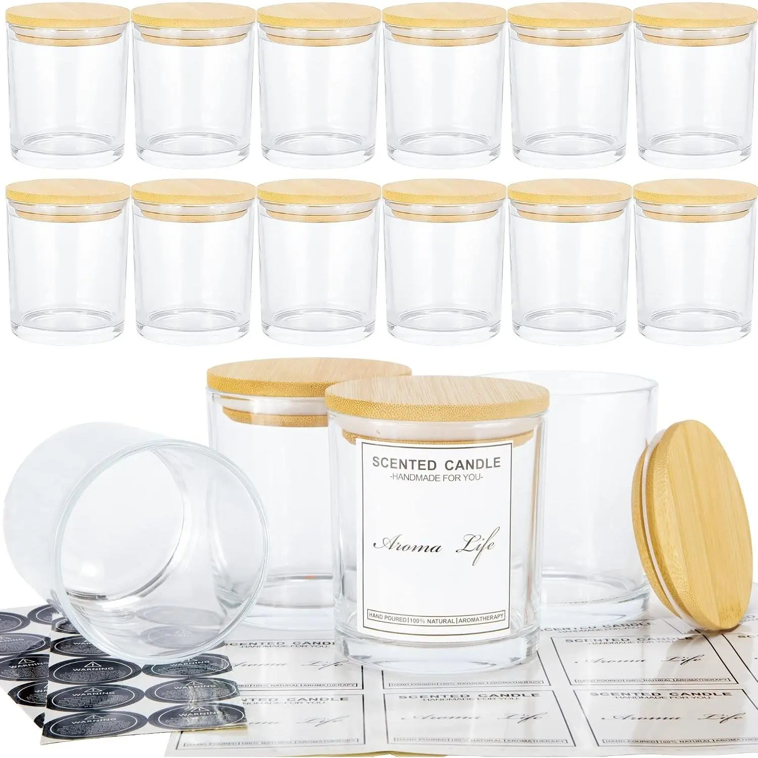 10oz, 16 Pack Thick Candle Jars with Bamboo Lids for Making Candles, Bulk Clear Empty Glass Candle Containers & Sticky Labels, Warming Labels Kit, Heat Resistant Candle Vessels