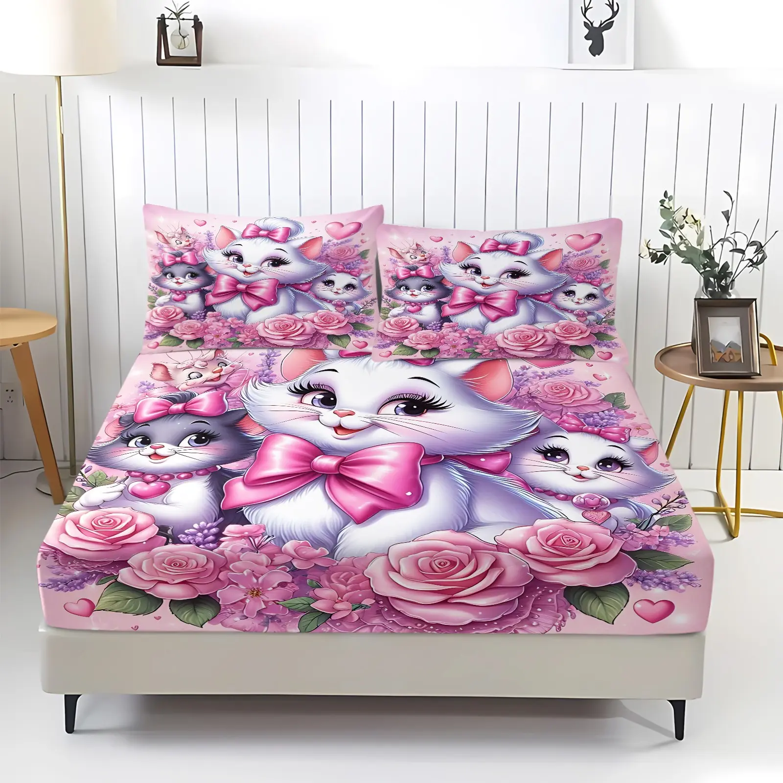 Cartoon Cute Kitten Pink Big Bow Print 3‑Piece Fitted Sheet Set, No Filling Included, Polyester Bedding Set, Decor for Cartoon Pet Lover Master Bedroom, Pastel Kitty Floral Glam Suite, Cute Bow Kitten Themed Bedroom