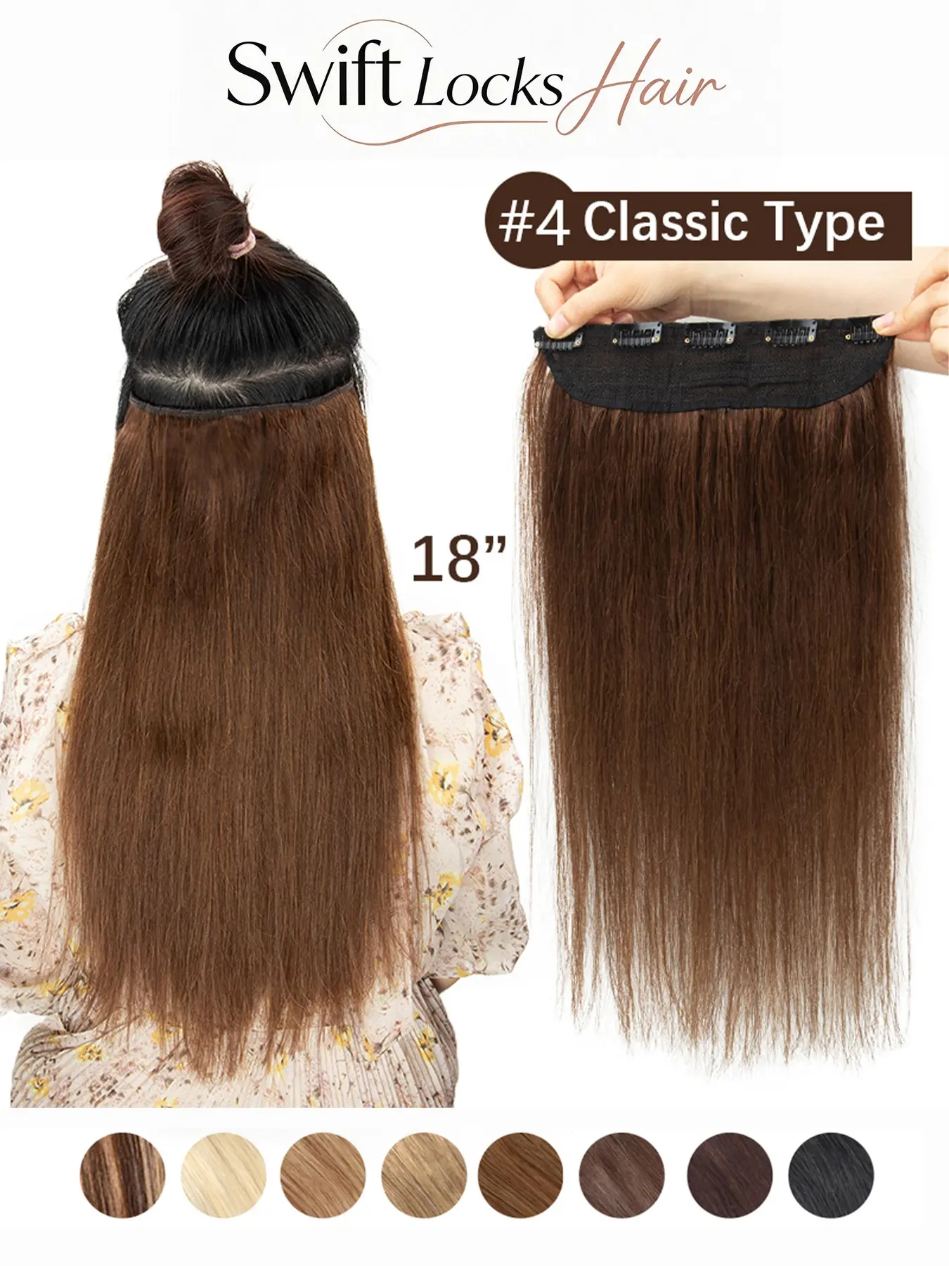 Real Human Hair Clip-In Extensions 14-20 Inch, Natural Straight Hair, Seamless Attachment, Reusable, Easy to Style,
