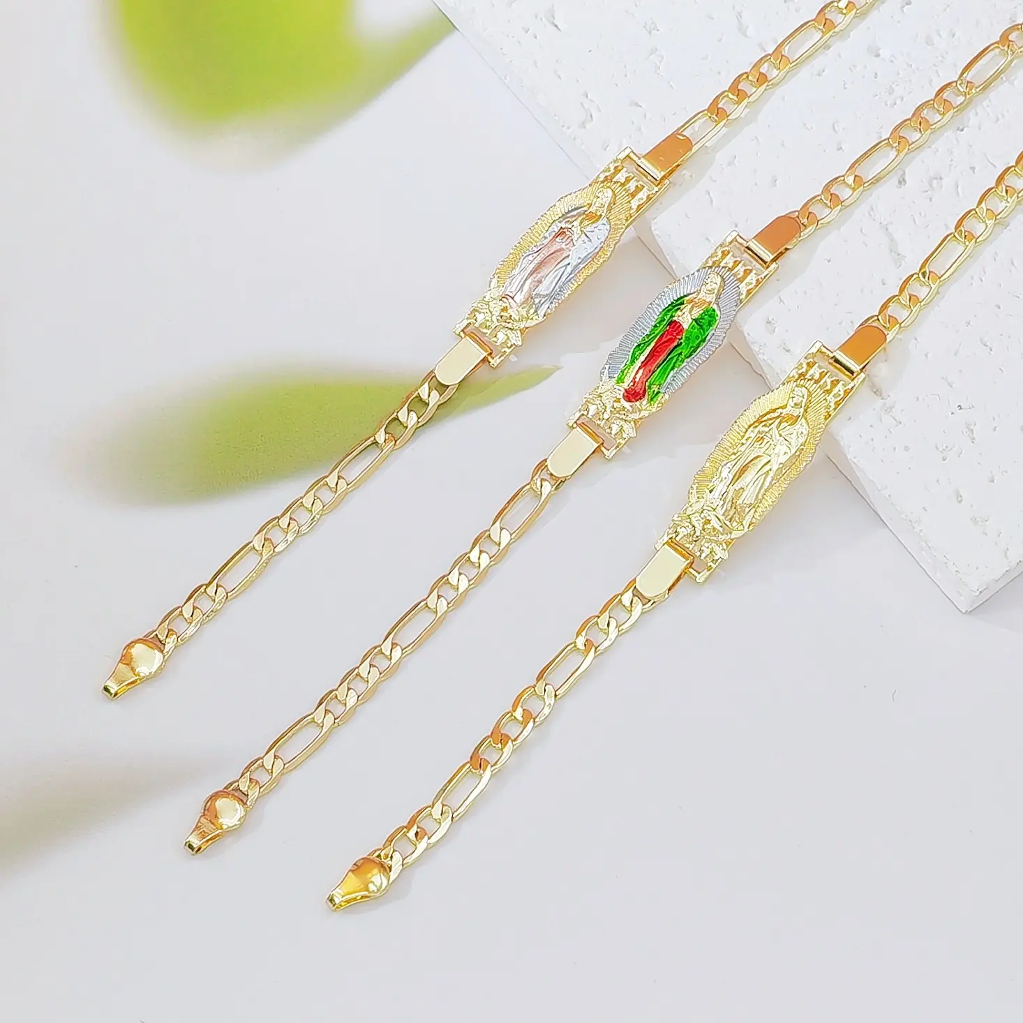 Gold Plated Guadalupe Bracelet, Dainty Virgin Mary Figaro Chain, Religious Jewelry for Women, Stackable Adjustable Bracelet for Daily Wear & Faith Gifts