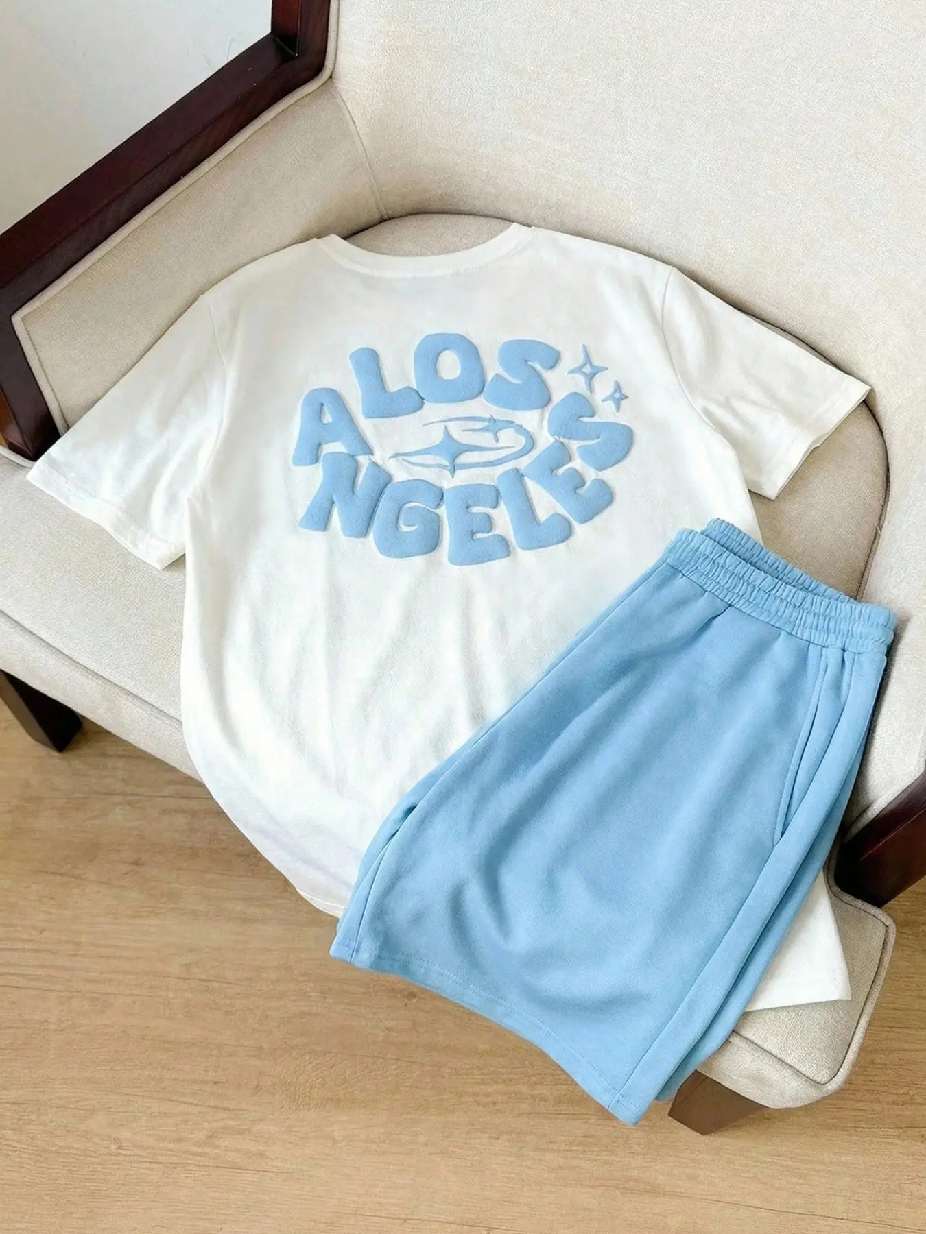 Unisex Casual Graphic Tee Set, Los Angeles Print T-Shirt & Light Blue Elastic Waist Shorts, Simple Design, Versatile Fashion