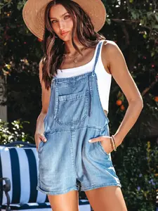 Women's Casual Tie-Back Loose Fit Denim Overalls Shorts, Roll Up Hem Denim Overall Romper Without Tank Top,Comfortable and Stylish Summer, Perfect for Daily Wear
