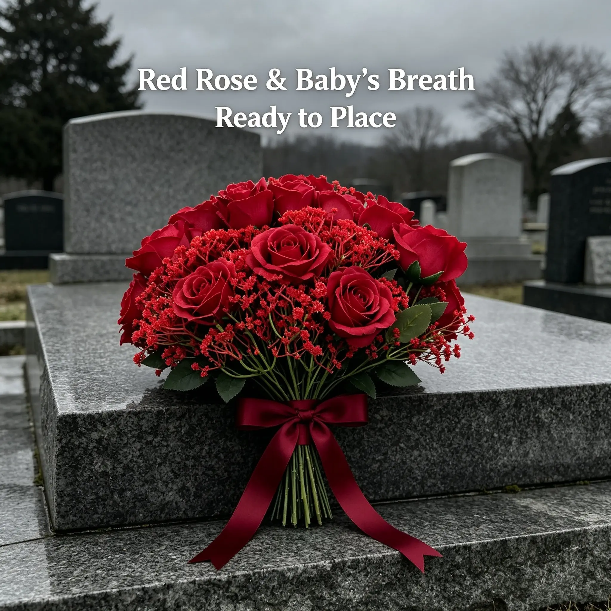 UV Resistant 44pcs Artificial Grave Flowers, 36Pcs Red Baby Breath +8Pcs Red Roses, Realistic Outdoor Cemetery Memorial Bouquet, Low Maintenance Tombstone Decor, Faux Outdoor Flowers