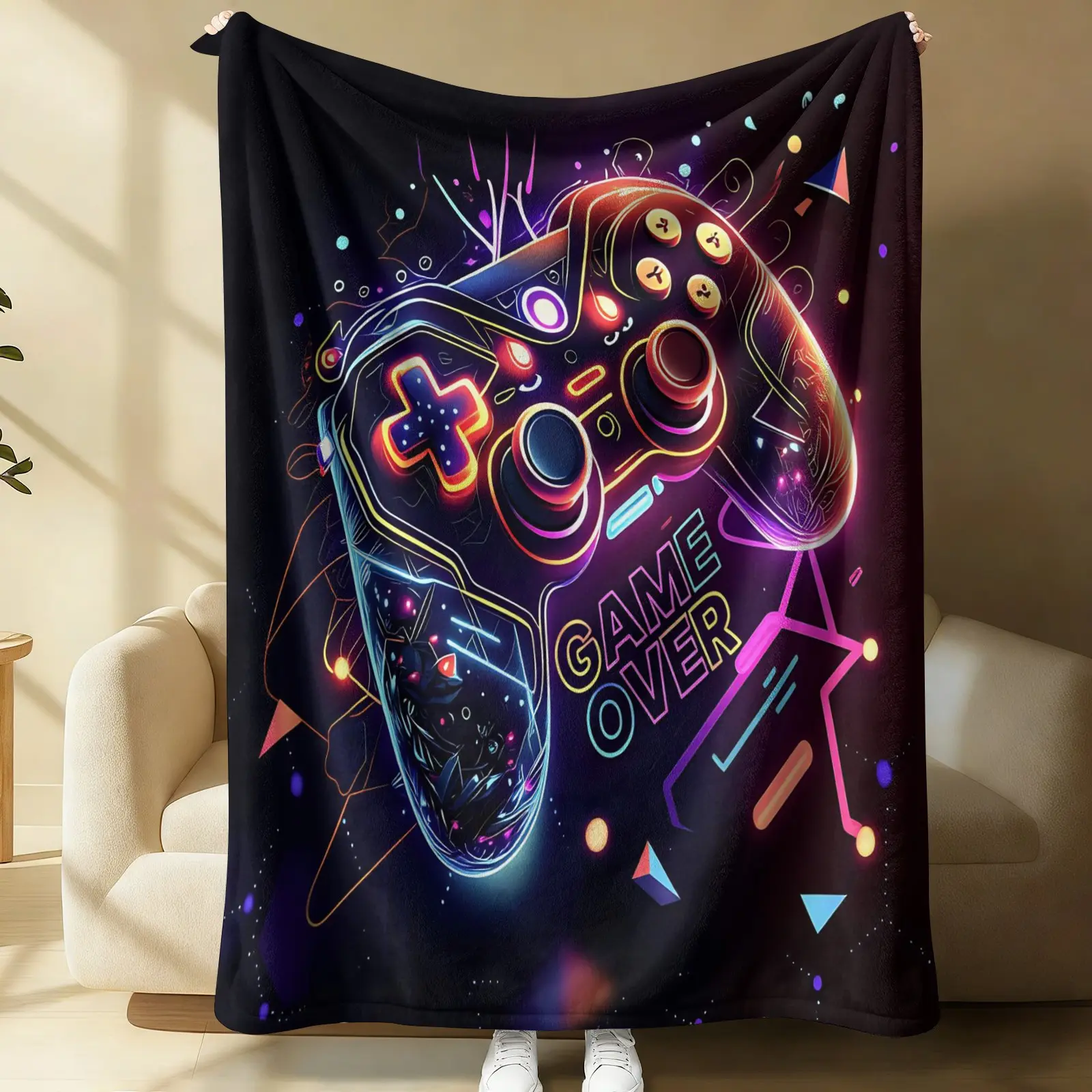 Cyber Neon Game Controller Flannel Throw Blanket, Futuristic Arcade Esports Decor, Soft Cozy Blanket for Teen Boys, Gaming Room Birthday Gift