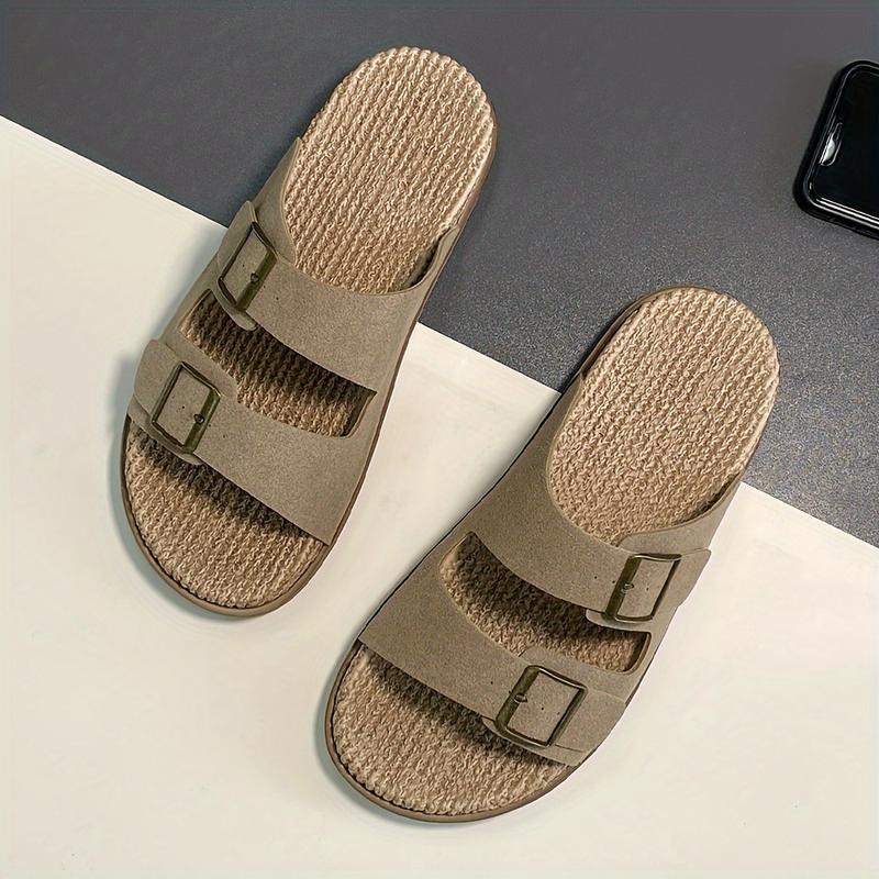 Men's Retro Solid Color Open Toe Breathable Slippers, Comfortable and Non-Slip Durable Double Buckle Strap Sandals, Men's Footwear