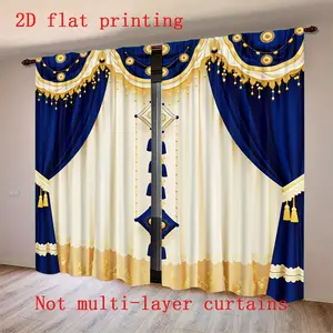 2 pieces of luxurious blue gold curtains, made of 100% semi transparent polyester fabric with pole bag design, suitable for bedroom, office, and living room decoration - excluding curtain poles, not multi-layer curtains