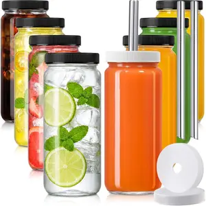 8 Pack 16OZ Glass Juice Bottles with 8 Airtight Lids & 2 Straw Lids & 2 Straws - Travel Juicing Jars, Drinking Water Cups - Reusable Tall Mason Jar for Tea, Juice, Bubble Tea, Smoothie, Kombucha