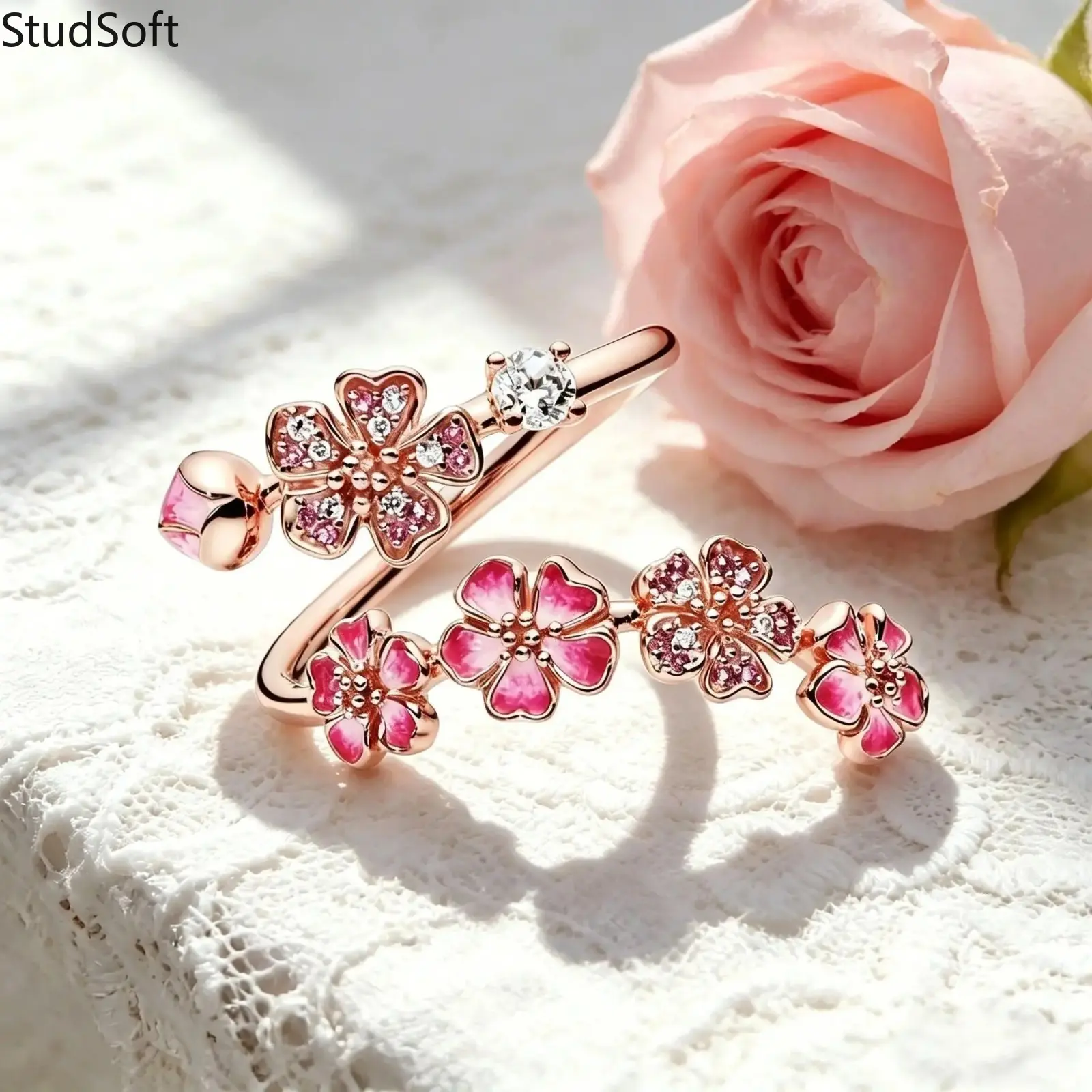 Women's Classic Rose Gold Floral Motif Beaded Ring with Crystal Beads - Light Luxury Niche Statement Jewelry, Sport & Outdoor Rainwear Accessory Gift for Her