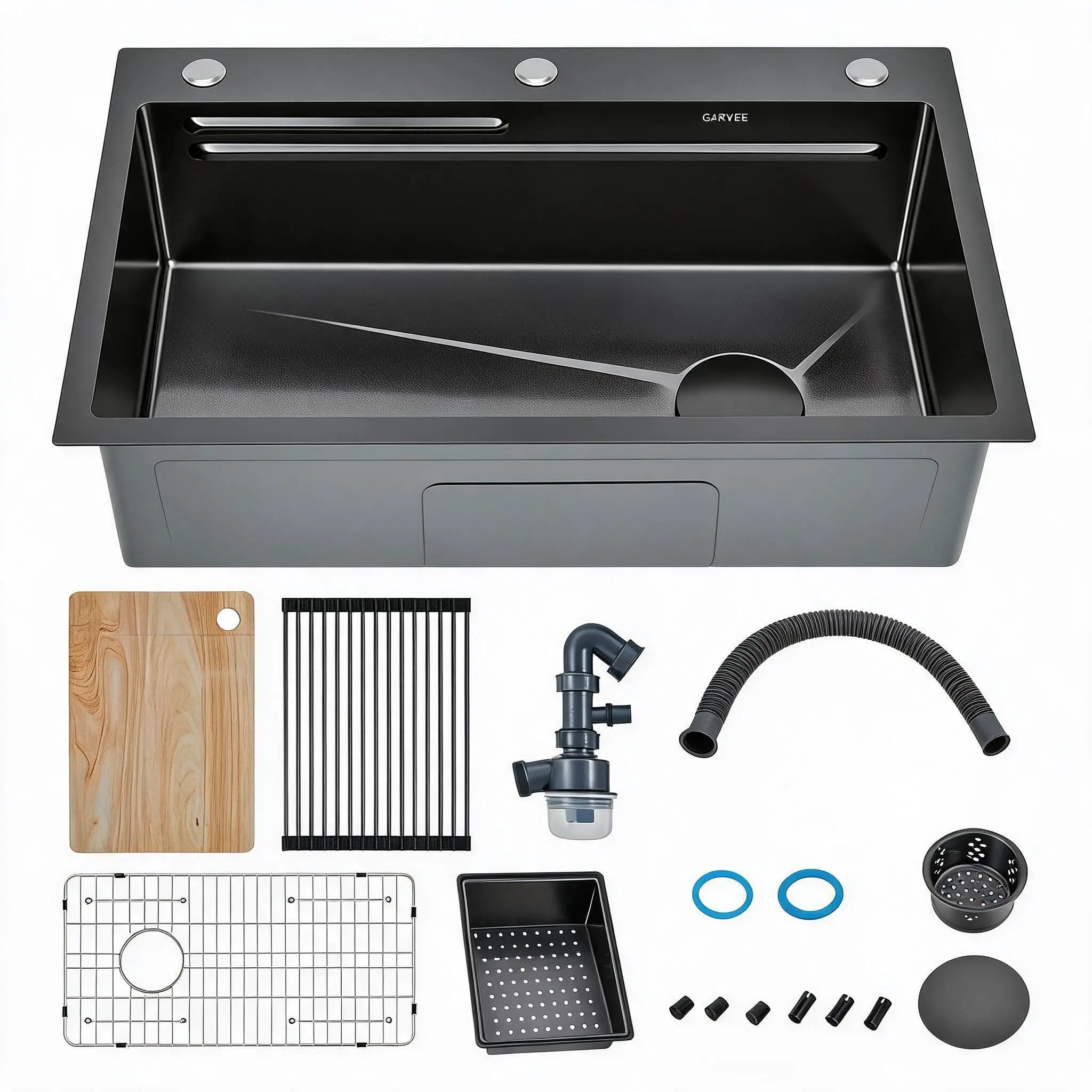 30" Undermount Workstation Kitchen basin, Single Bowl 16-Gauge Black Stainless Steel - Panel Opening - Includes 7-Piece Accessory Kit