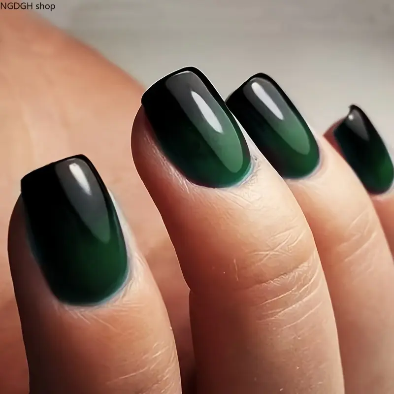 Press-On Nails for Women, Dark Green to Black Ombre with a Shiny Chrome Finish, Long Square Party Ready Nail Art, Fake Nails, Women Girls
