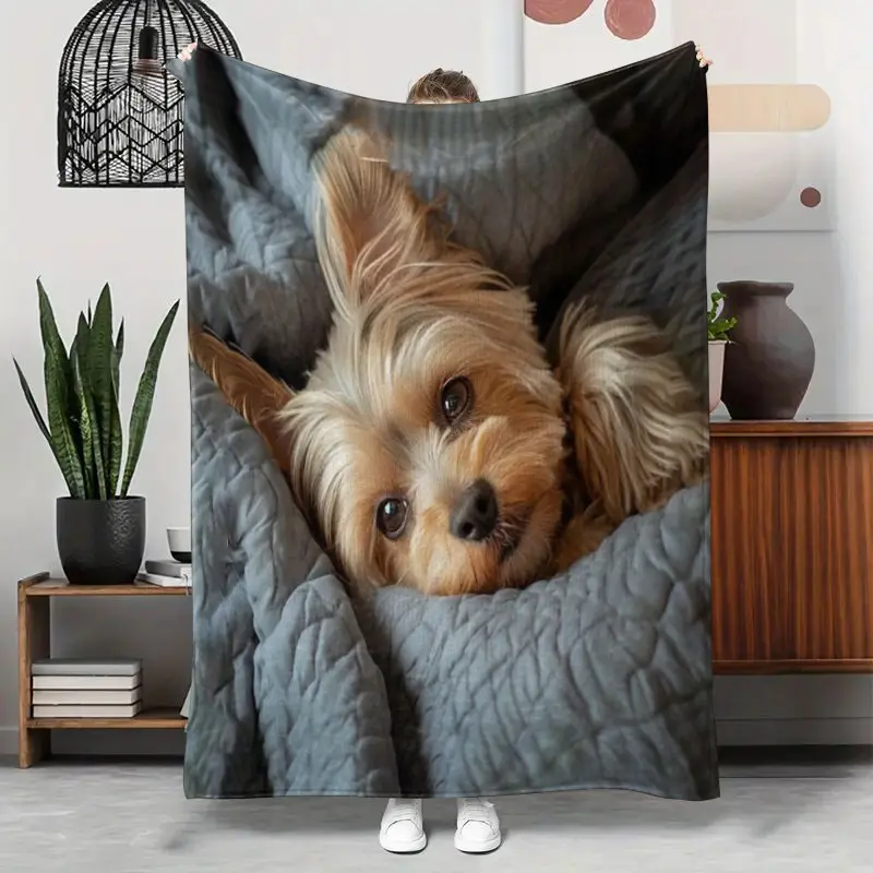 1pc cute Yorkshire dog printed blanket, air conditioning cover blanket, bed blanket, sofa blanket, nap blanket, favorite of dog lovers, soft and warm flannel bedding, essentials for home travel, best gift choice for gifts, suitable for all seasons, multi-