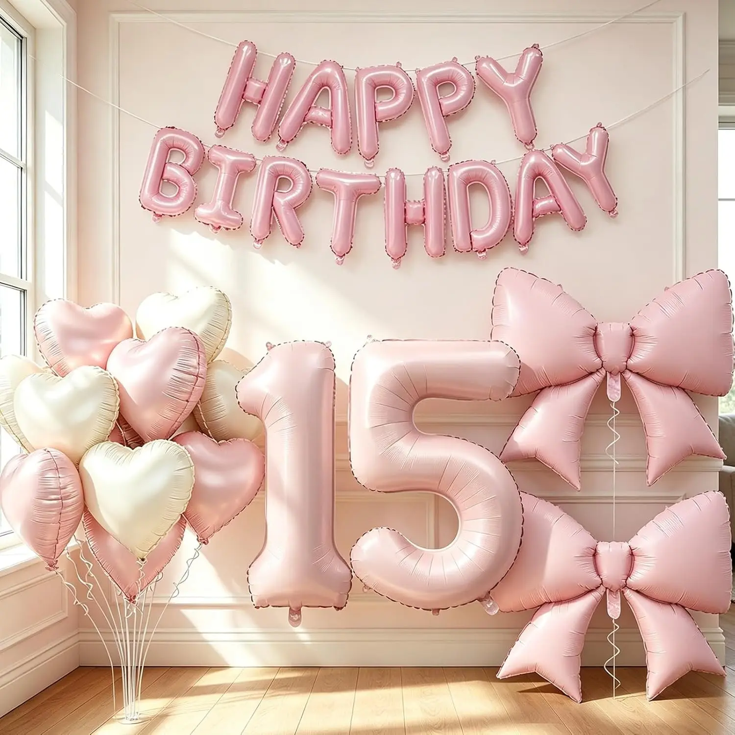 40 Inch Dusty Pink Number 15 Balloon Set for 15th Birthday Girl, Large Foil Balloons with Bow, Happy Birthday Banner, Blush Pink Cream Heart Balloons, Boho Decor for Girls 15 Year Old Bday Party