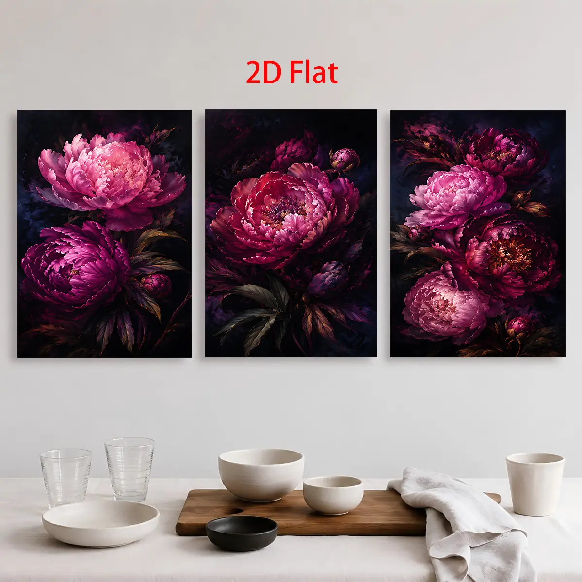 2D Flat 3-Piece Set - Three 2D flat artworks, brightly colored pink peonies on a dark background, themed canvas wall art, waterproof canvas prints, ready to hang, home room decoration gift, suitable for Father's Day, graduation, birthdays, 4th of July, ba