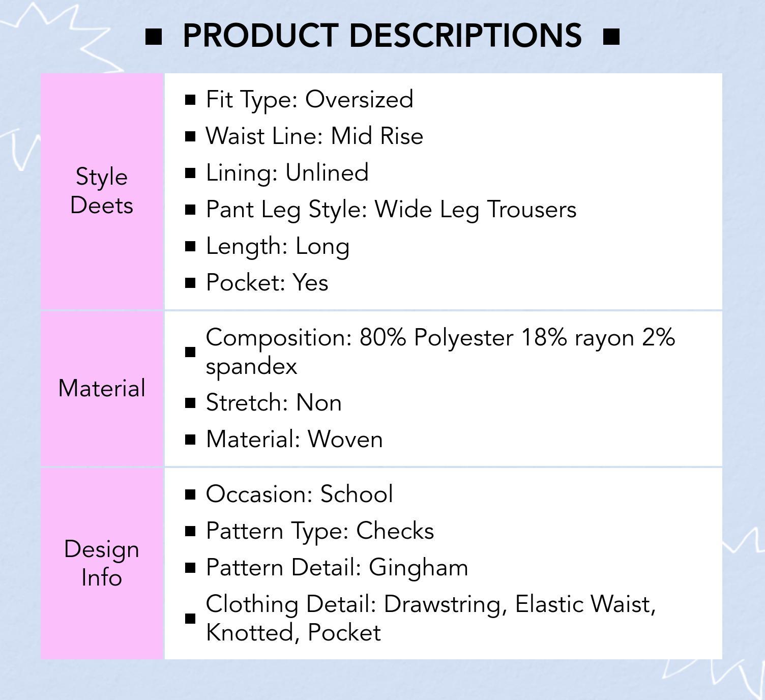 Cider [size 0-26] Mid Rise Gingham Knotted Drawstring Pocket Wide Leg Trousers