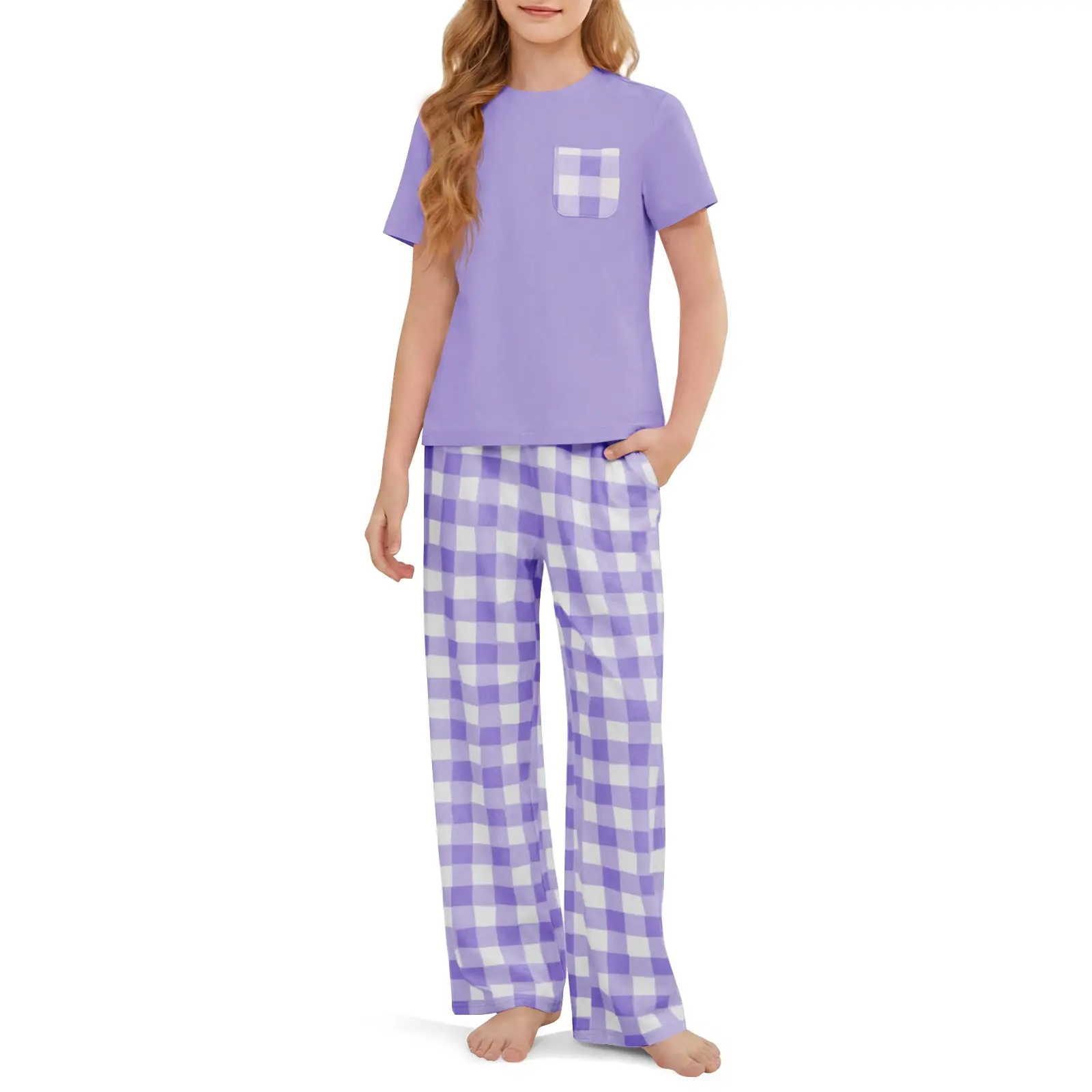 Haloumoning Girls Pajama Sets Kids Short Sleeve Tops and Plaid Long Pants PJS Sleepwear Soft Lounge Set 5-14 Years