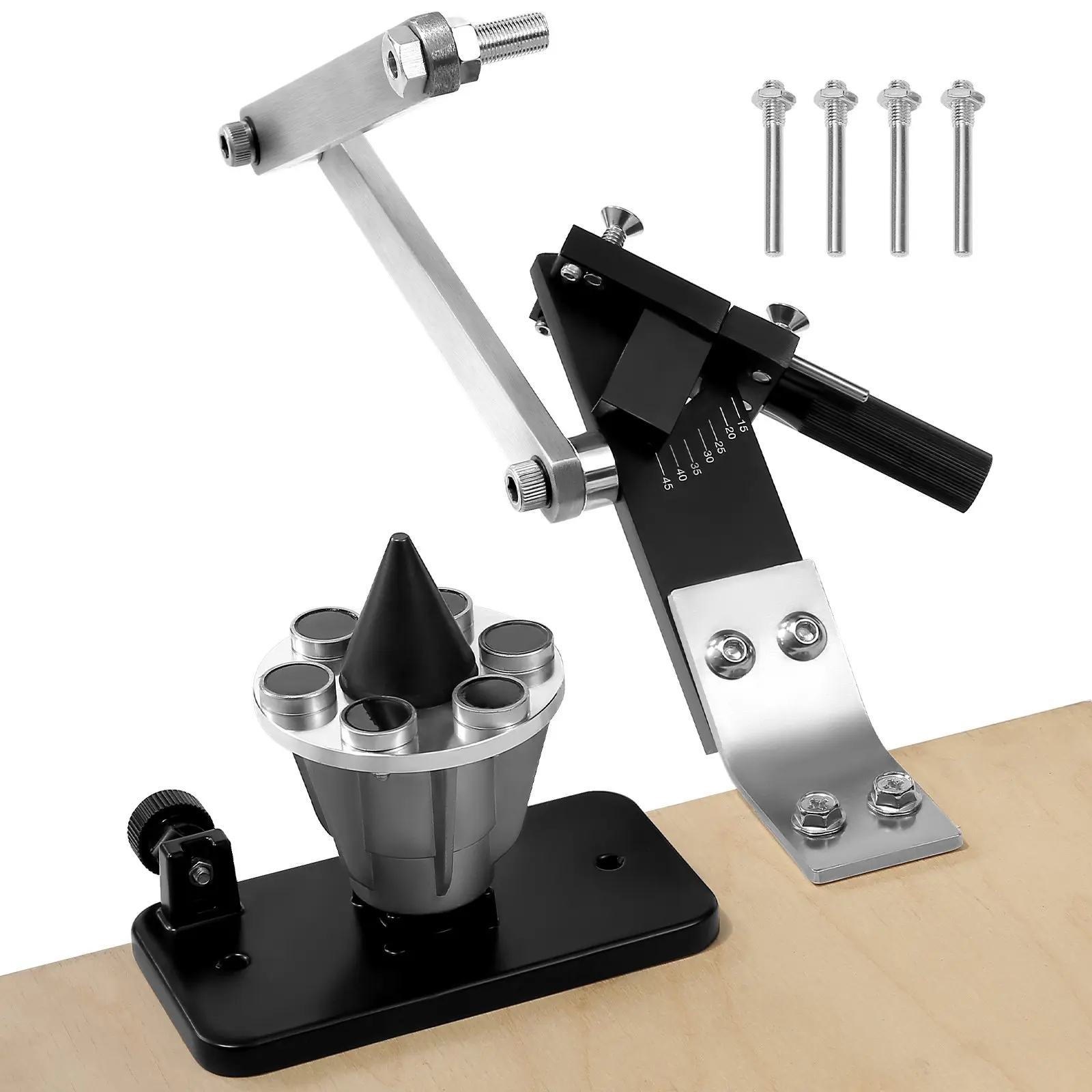 VEVOR Lawn Mower Blade Sharpener & Balancer Kit, Adjustable 15-45 Angle Range Tool with 4 Adapter Pins, 25mm Aluminum Alloy Enlarged Grip, Ball Bearings, Compatible with Most Angle Grinders
