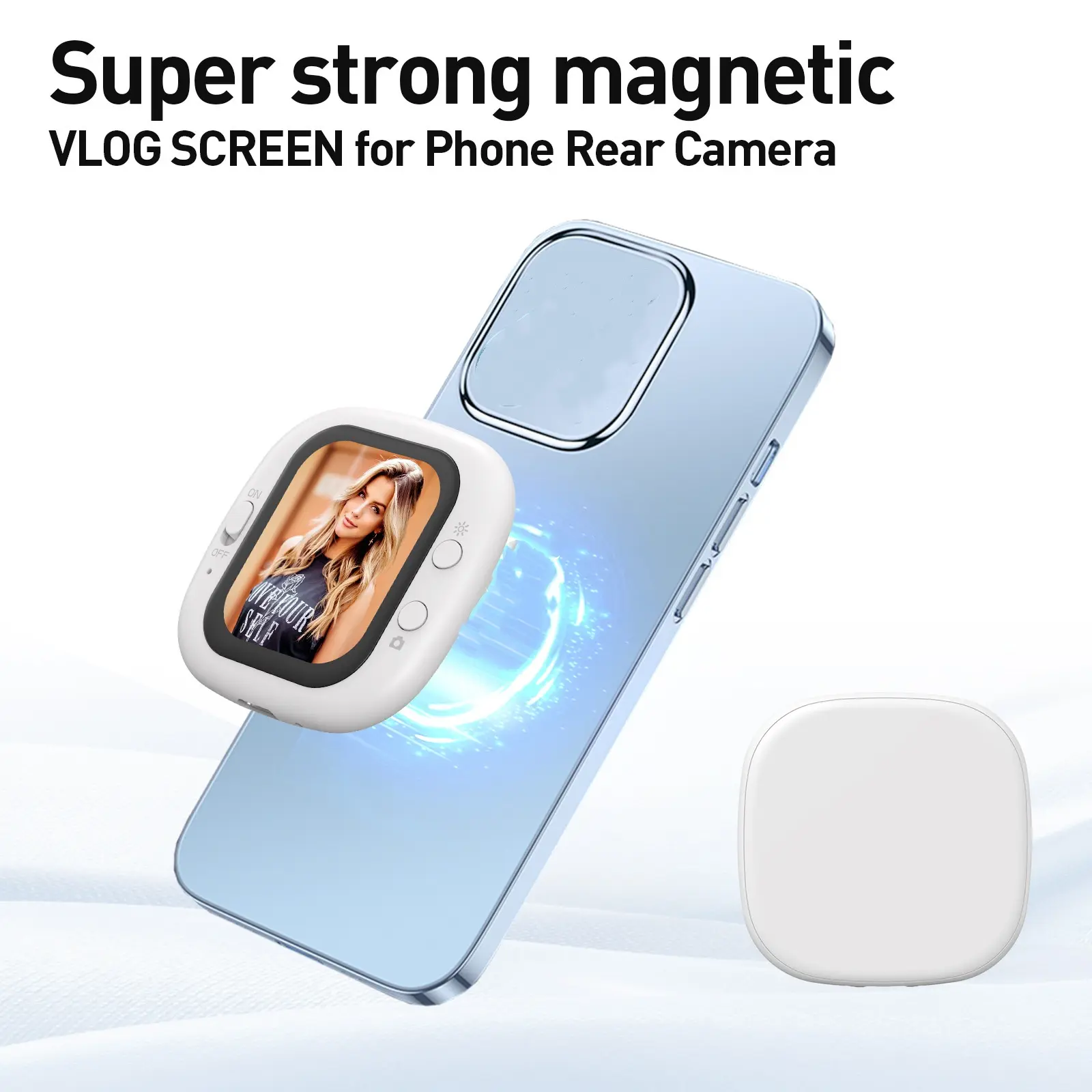 Mini mobile phone selfie sharing device, rear camera for self-takes, display for sharing, wired mobile phone sharing screen