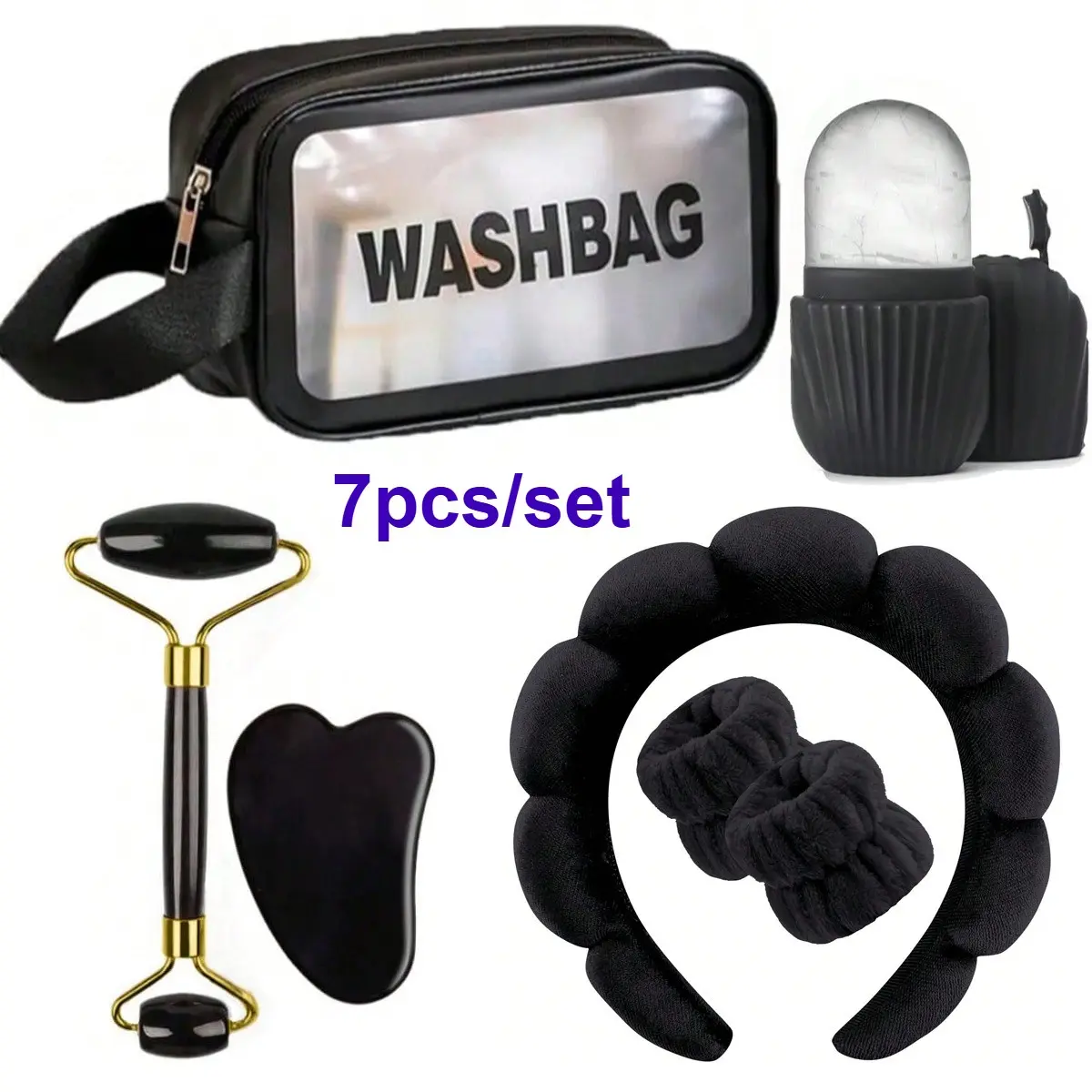 7-Piece Makeup Tool Set Includes Hairband Gua Sha Board Massage Ice Cube Tray, Essential Beauty Accessories for Daily Use
