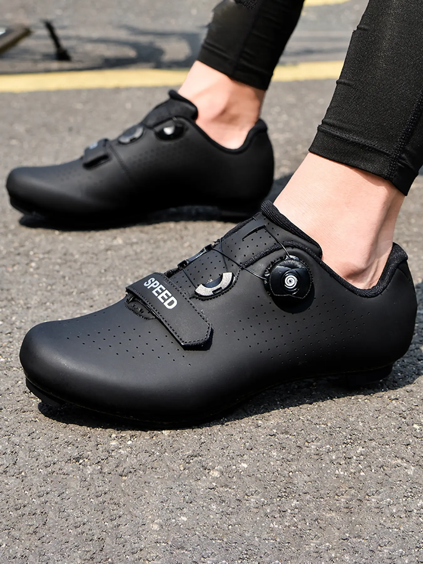 Women Road Bike Cleat Shoes Single Rotating Knob & Magic Strap Breathable Perforated Stiff Hard Sole MTB Racing Cycling Footwear