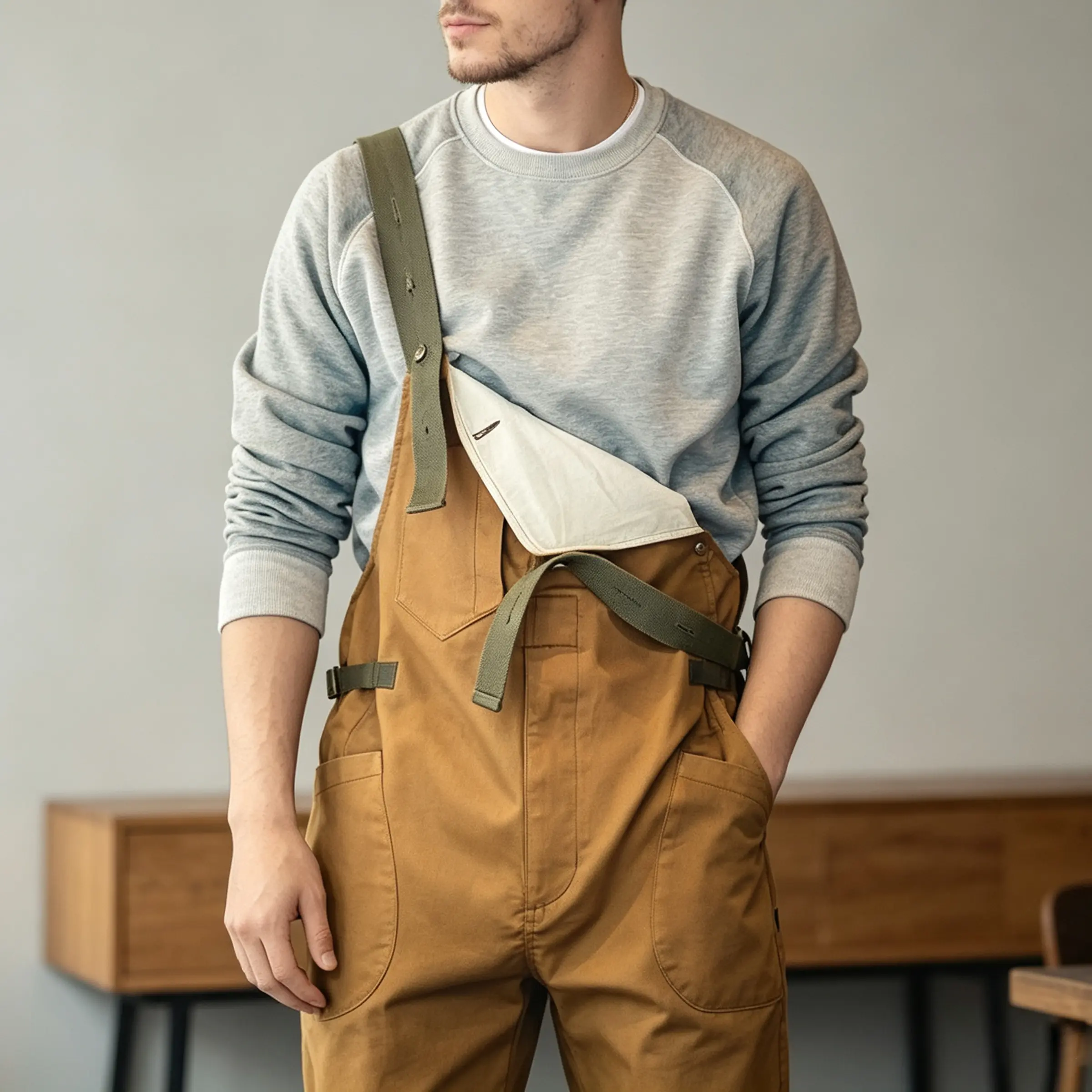 Men Vintage Khaki Canvas Bib Overalls, Loose Wide Leg Utility Cargo Suspender Pants, Retro Workwear Jumpsuit With Adjustable Shoulder Straps Suitable for daily wear