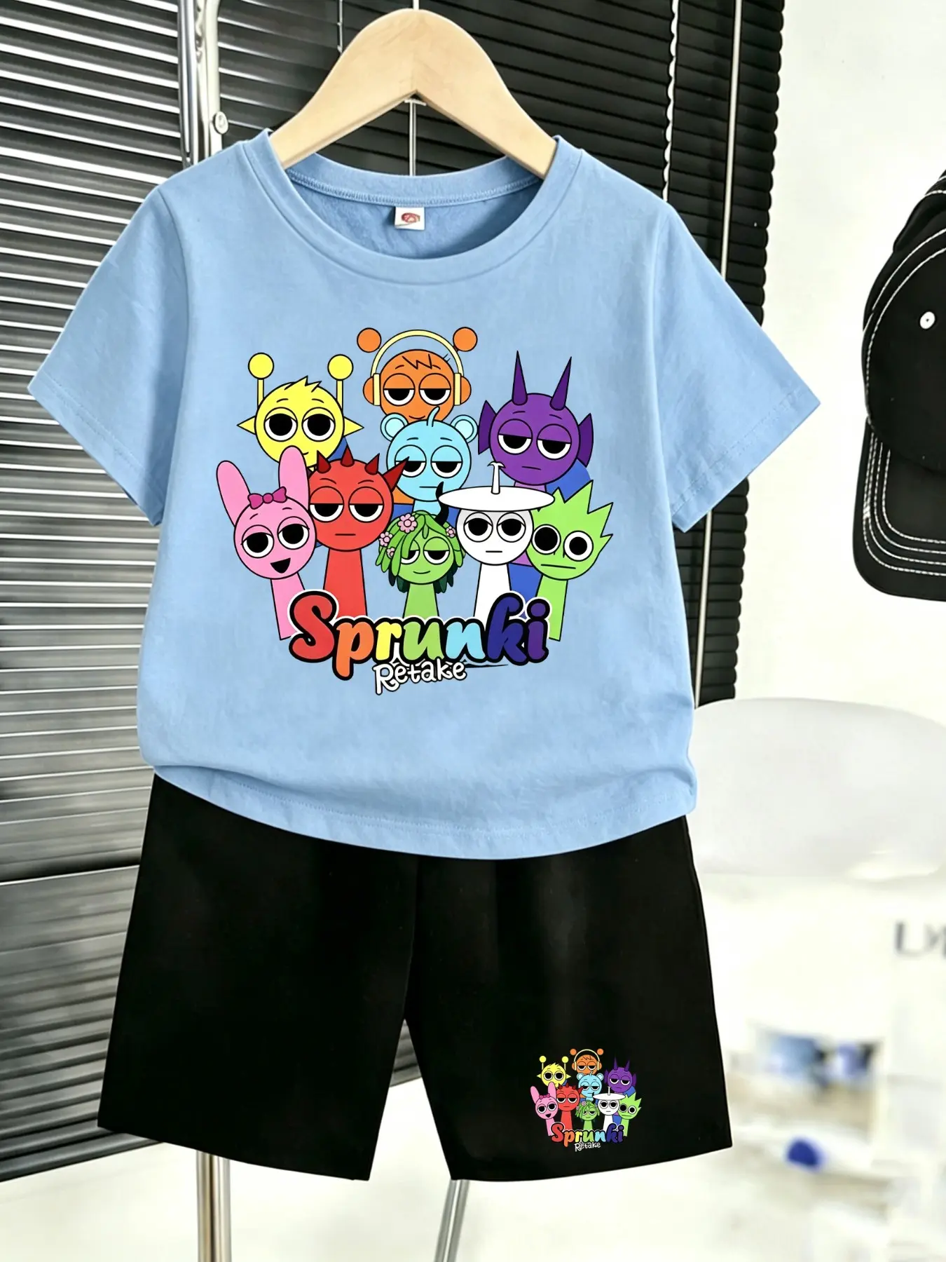 Best Seller Sprunki Retake Matching Character Print Kids Summer Set, Musical Rhythm Boys Teen Blue Top & Black Shorts,  Multi Color T-Shirt Trendy Cartoon Game Children Birthday Suit#Kids Outfit #Viral Boys Clothes