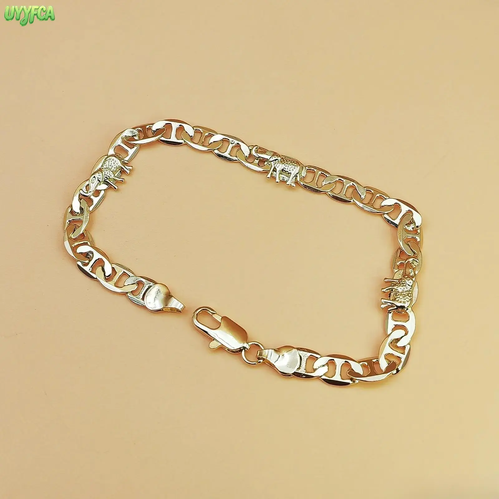 18K Gold Plated Mariner Chain Bracelet With Mini Elephant Charms,Unisex Vintage Chunky Link Wrist Jewelry, Polished Anti Tarnish Metal Accessory, Lobster Clasp Adjustable Fit, Ideal For Daily Casual Outfits, Night Party And Meaningful Friendship Gift