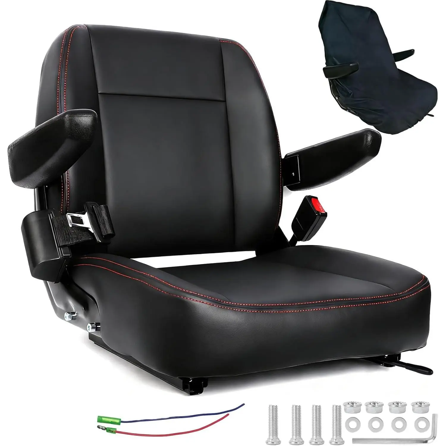 Forklift Seat with Cover,High - Resilience  Cushioning with Seat Belt, Adjustable Armrests &   - Fit for Forklift,Tractor,Mower