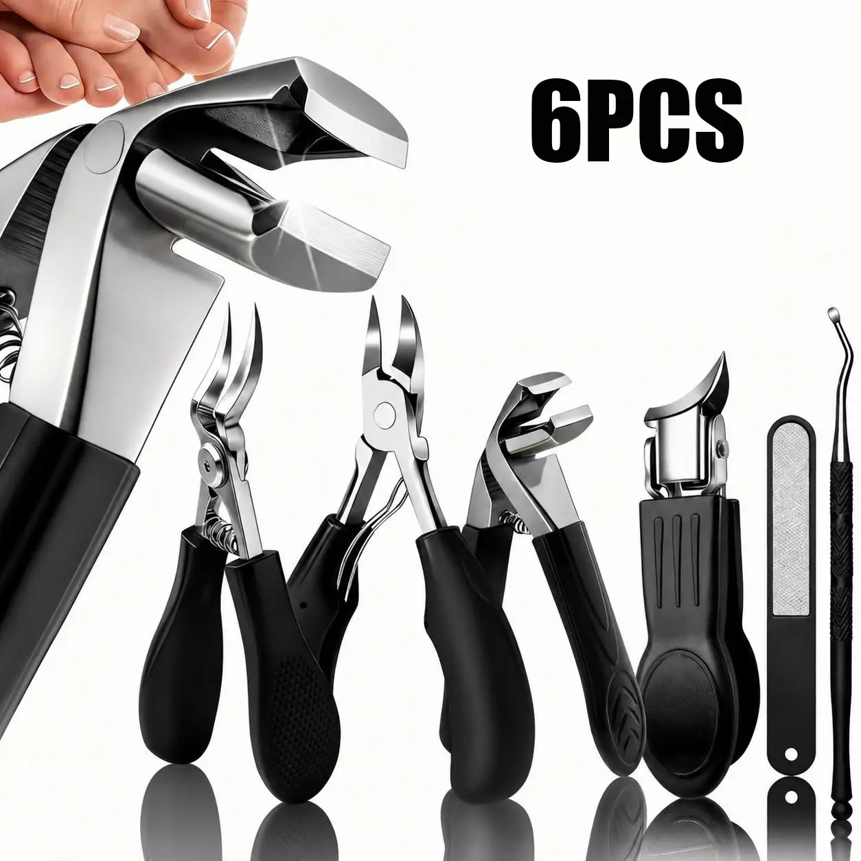 6PCS Toenail Clipper Set for Thick & Ingrown Nails, Heavy Duty Nail Clippers for Seniors, Professional Pedicure Kit, Sharp Angled Toenail Cutter, Wide Jaw Nail Clipper, Cuticle Nipper & Nail File, Stainless Steel Manicure Tools for Men & Women