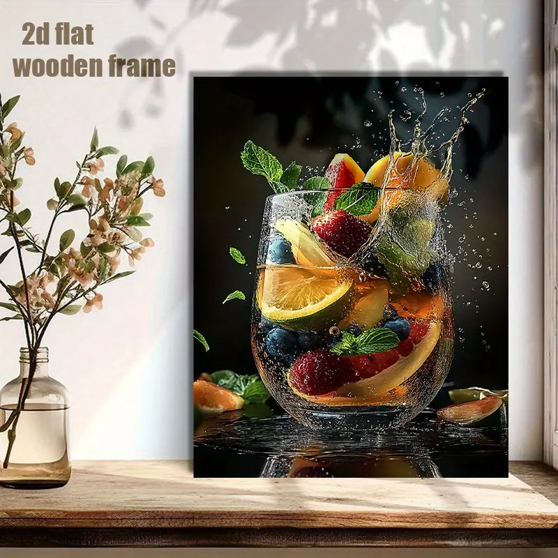 1-Piece Wooden Framed 2D Flat Oil Painting - Fresh Fruit with Water Splash, Houndstooth-Marble Accents, Vibrant Home Decor for Living Room-Kitchen, Ideal Gift for Thanksgiving-Father's Day-Easter